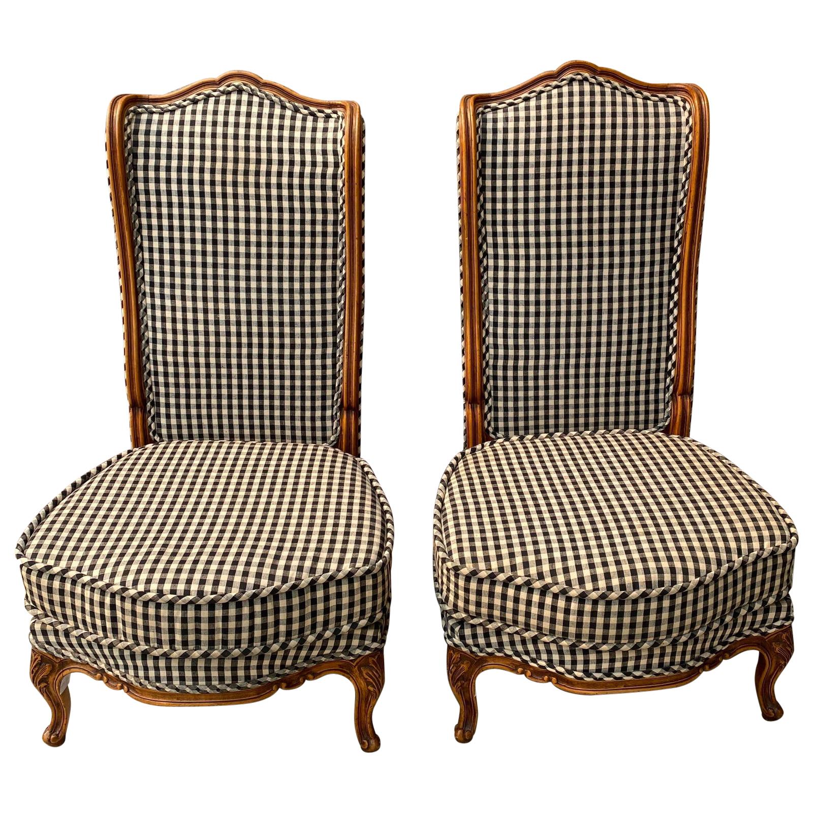 Pair of Mid-20th Century Carved Walnut and Upholstered High Back Chairs
