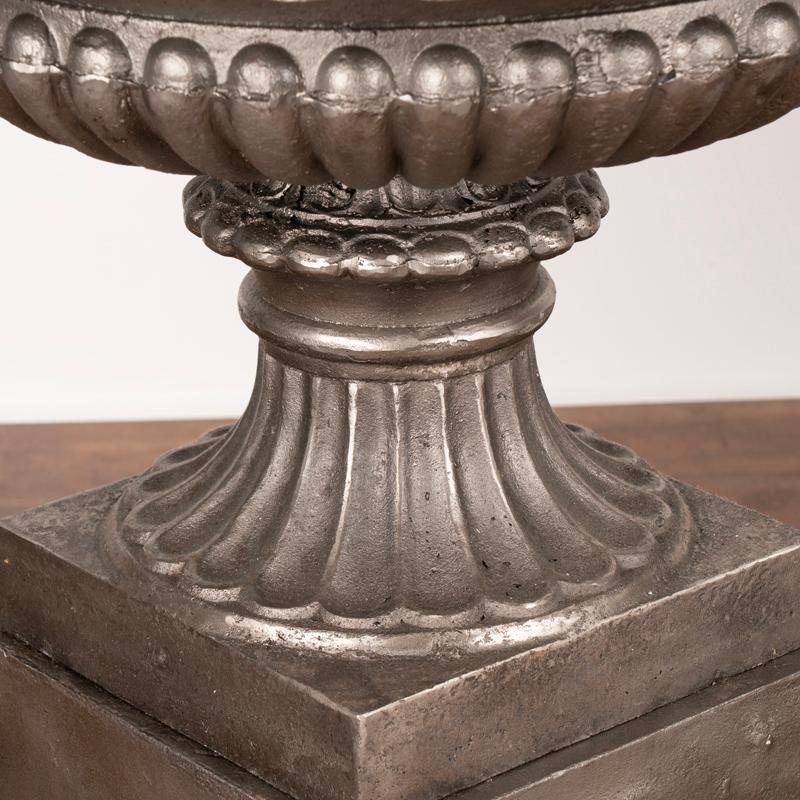 Pair, Mid-20th Century Cast Iron Planting Urns Resting on Square Plinth For Sale 8