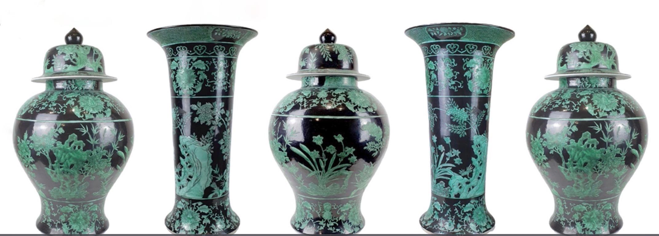 Pair Mid-20th Century Chinese Export Jet Black Green Porcelain Tall Roll Vases For Sale 2