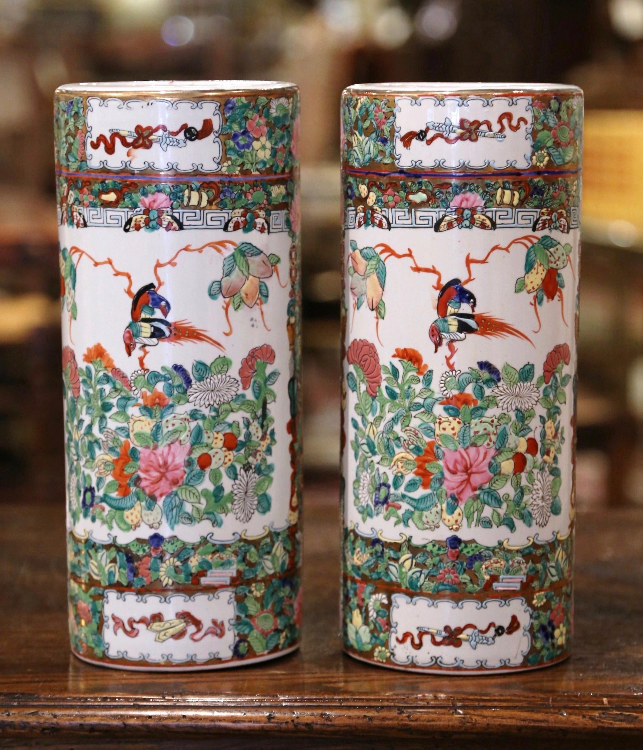 Pair Mid-20th Century Chinese Painted & Gilt Rose Medallion Porcelain Hat Stands For Sale 2