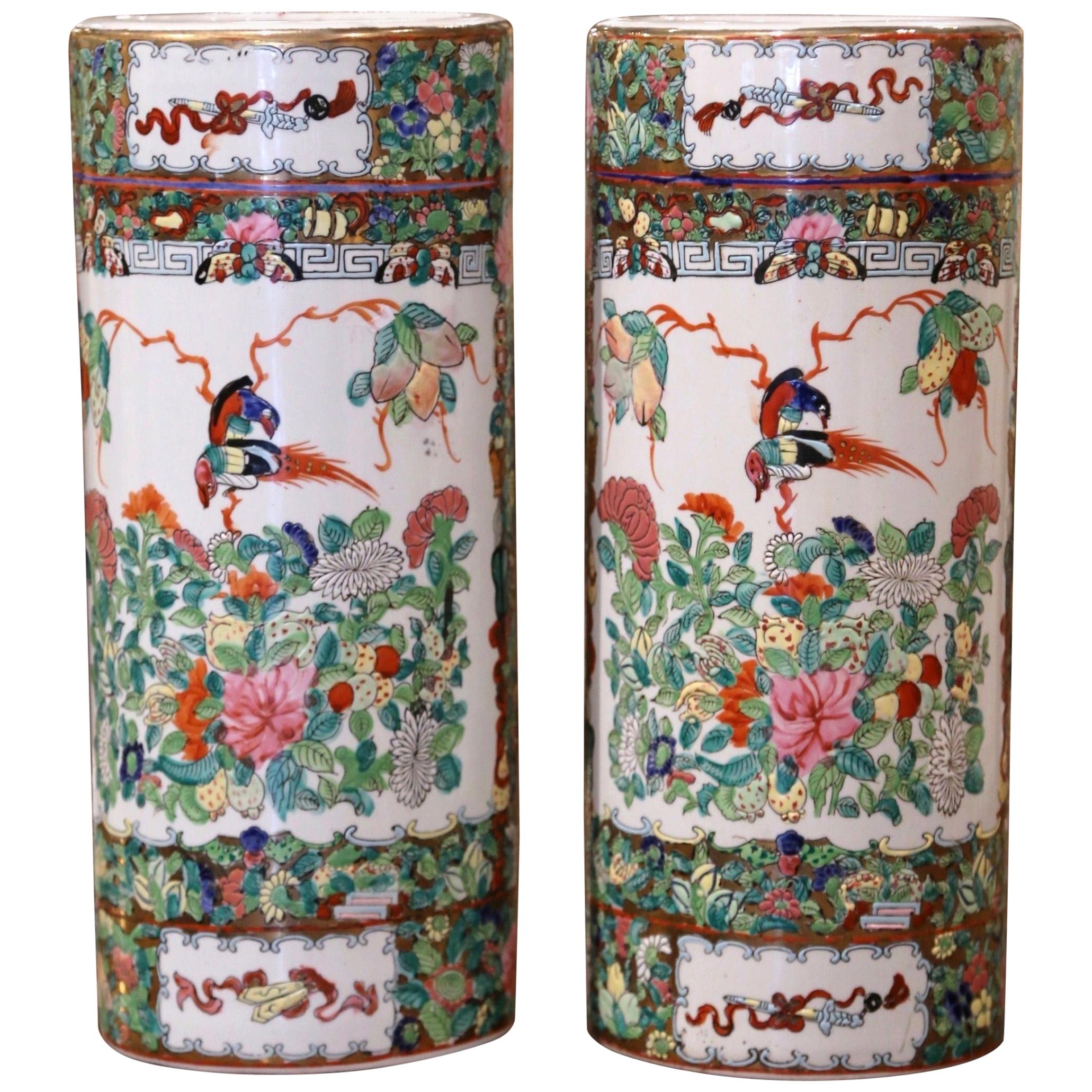 Pair Mid-20th Century Chinese Painted & Gilt Rose Medallion Porcelain Hat Stands For Sale