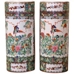Pair Mid-20th Century Chinese Painted & Gilt Rose Medallion Porcelain Hat Stands