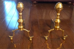 Pair Mid-20th Century Federal Style Canon Ball Brass Fireplace Low Andirons