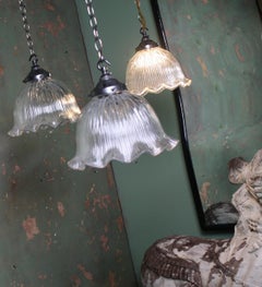 Pair of Mid-20th Century Holophane Style Prismatic Fluted Pendants Lights