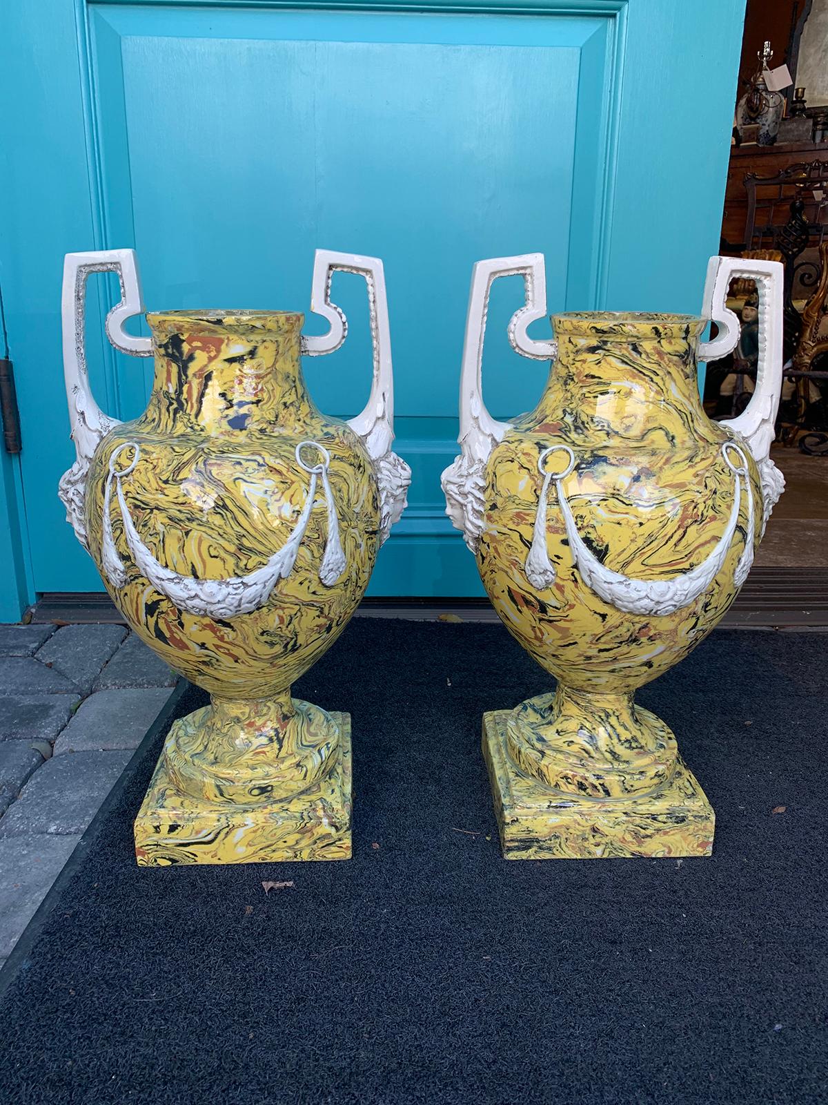 Pair of mid-20th century Italian yellow agateware neoclassical urns by Meiselman, circa 1960s.