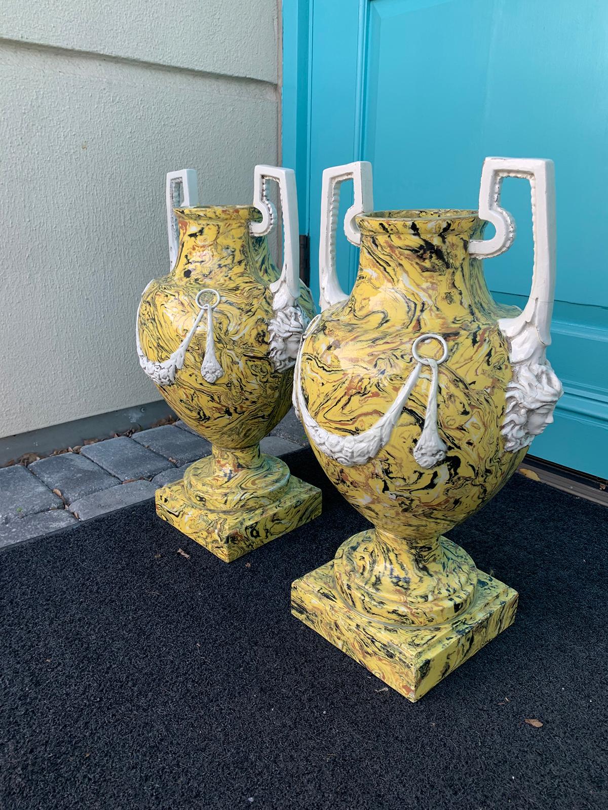 Pair of Mid-20th Century Italian Yellow Agateware Neoclassical Urns by Meiselman In Good Condition In Atlanta, GA