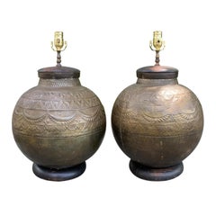 Pair of Mid-20th Century Large Round Punched Tin Lamps