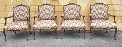 Pair Mid-20th Century Louis XV Style Carved Oak & Upholstered Bergeres Fauteuils