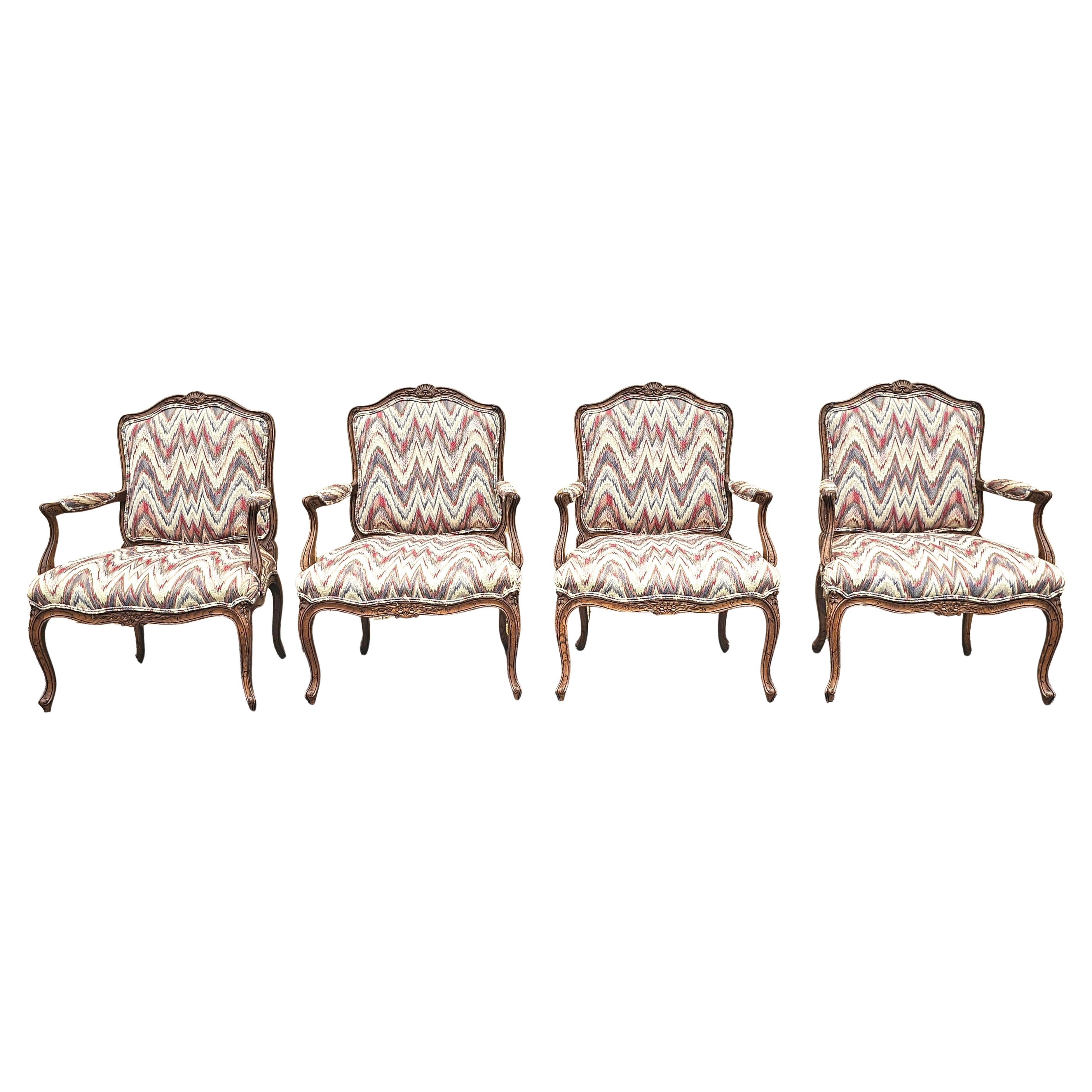 Pair Mid-20th Century Louis XV Style Carved Oak & Upholstered Bergeres Fauteuils