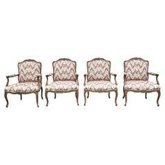 Pair Mid-20th Century Louis XV Style Carved Oak & Upholstered Bergeres Fauteuils