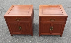 Pair Mid 20th Century Ming Style Rosewood Side Table Cabinets with Glass Top