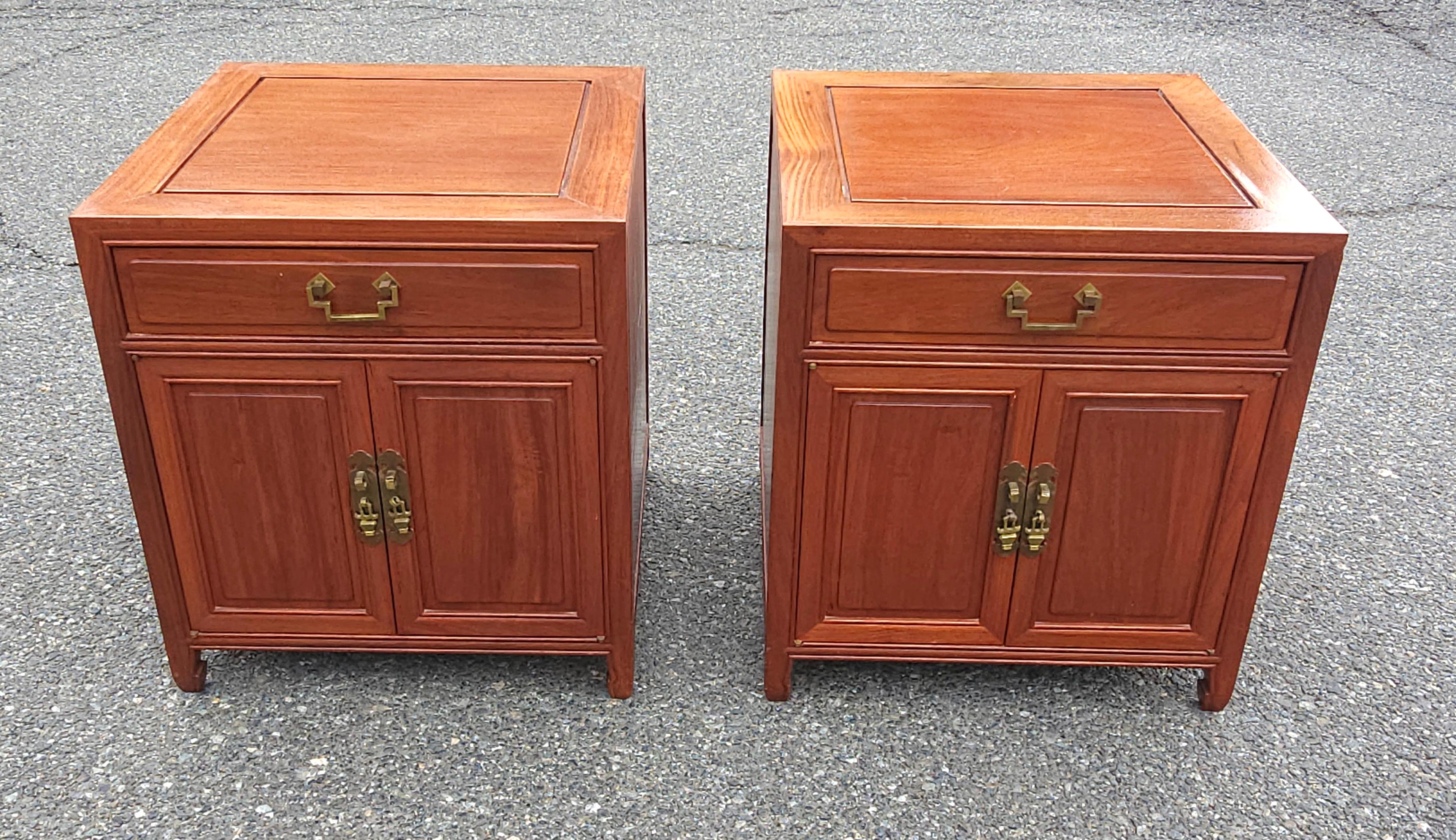 Brass Pair Mid 20th Century Ming Style Rosewood Side Table Cabinets with Glass Top For Sale