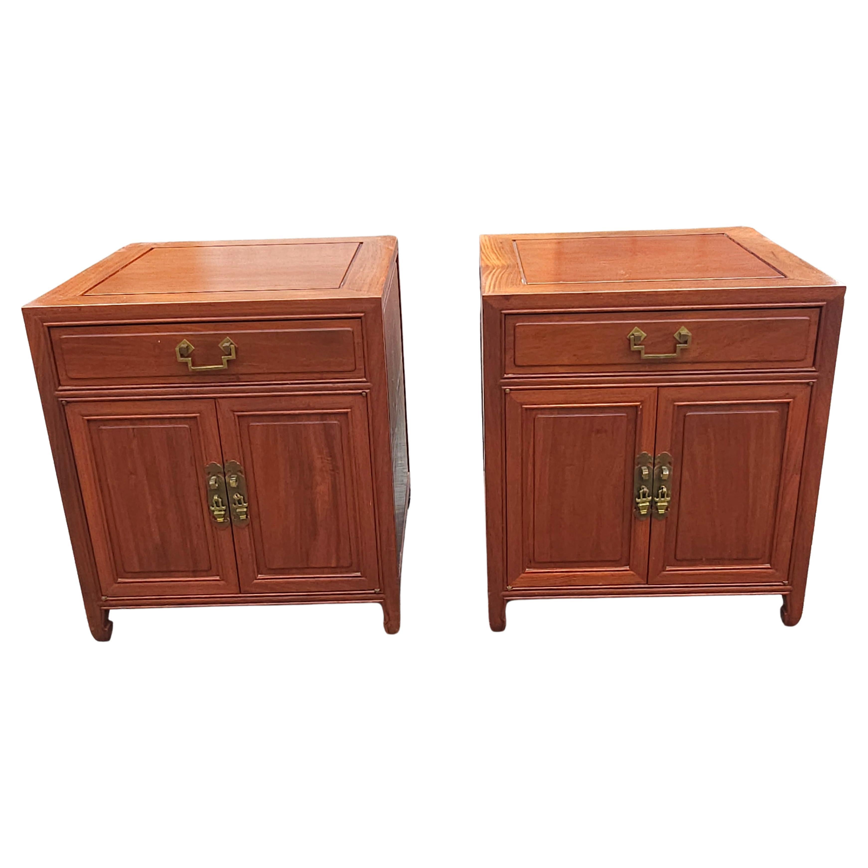 Pair Mid 20th Century Ming Style Rosewood Side Table Cabinets with Glass Top For Sale