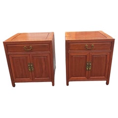 Pair Mid 20th Century Ming Style Rosewood Side Table Cabinets with Glass Top