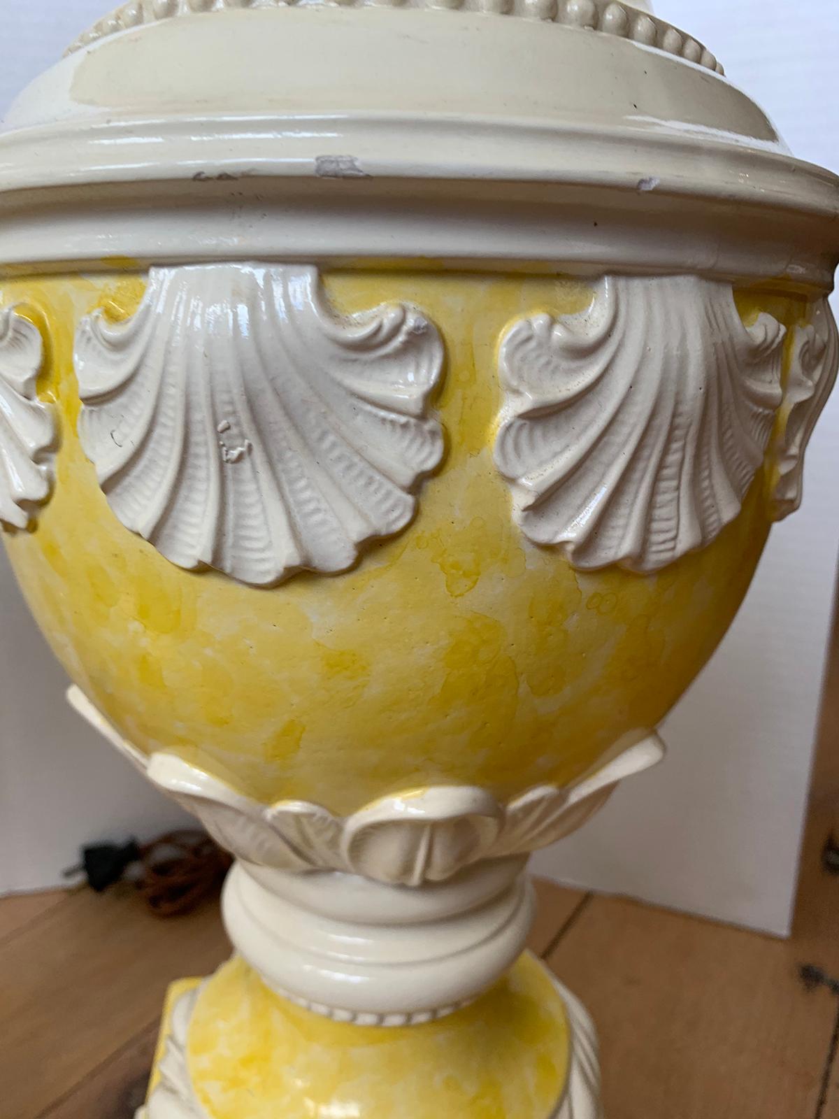 Mid-20th Century Neoclassical Yellow & White Glazed Urn Lamps, Shell Motif, Pair 6