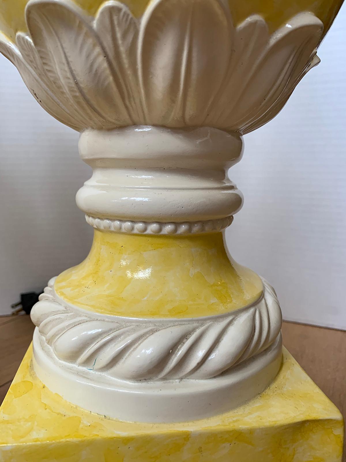 Mid-20th Century Neoclassical Yellow & White Glazed Urn Lamps, Shell Motif, Pair 7