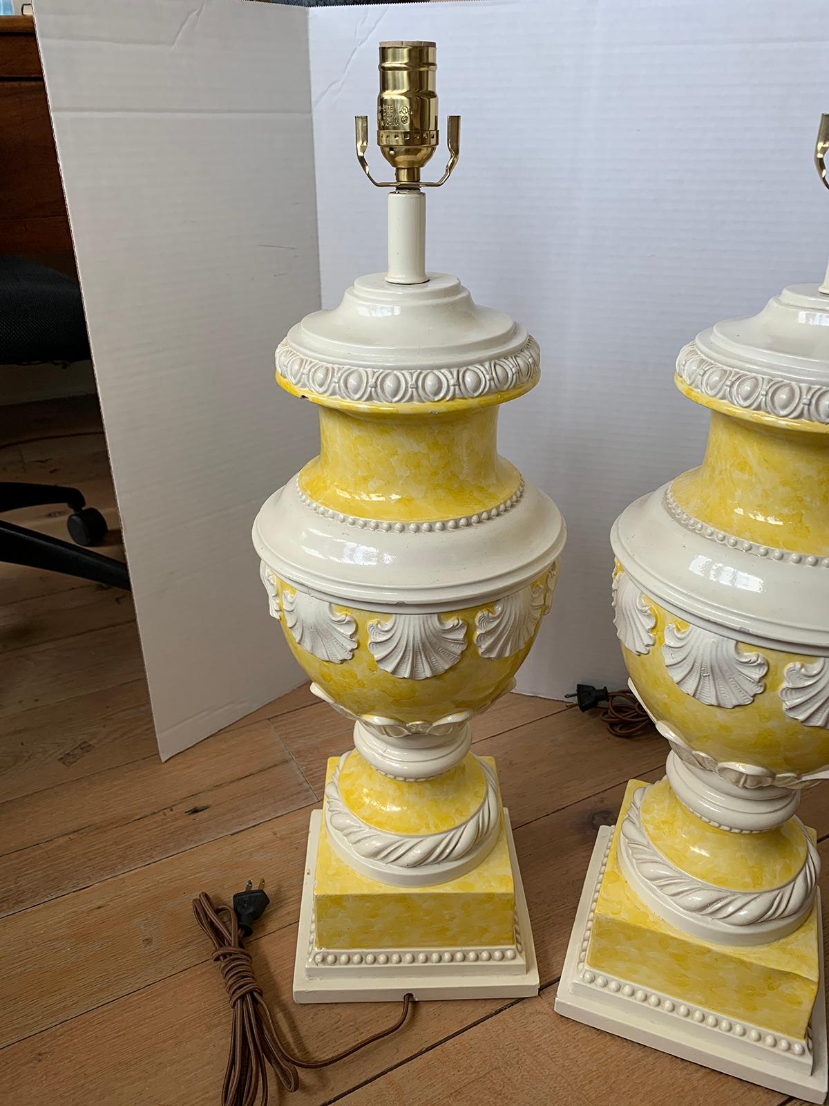 Mid-20th Century Neoclassical Yellow & White Glazed Urn Lamps, Shell Motif, Pair 10