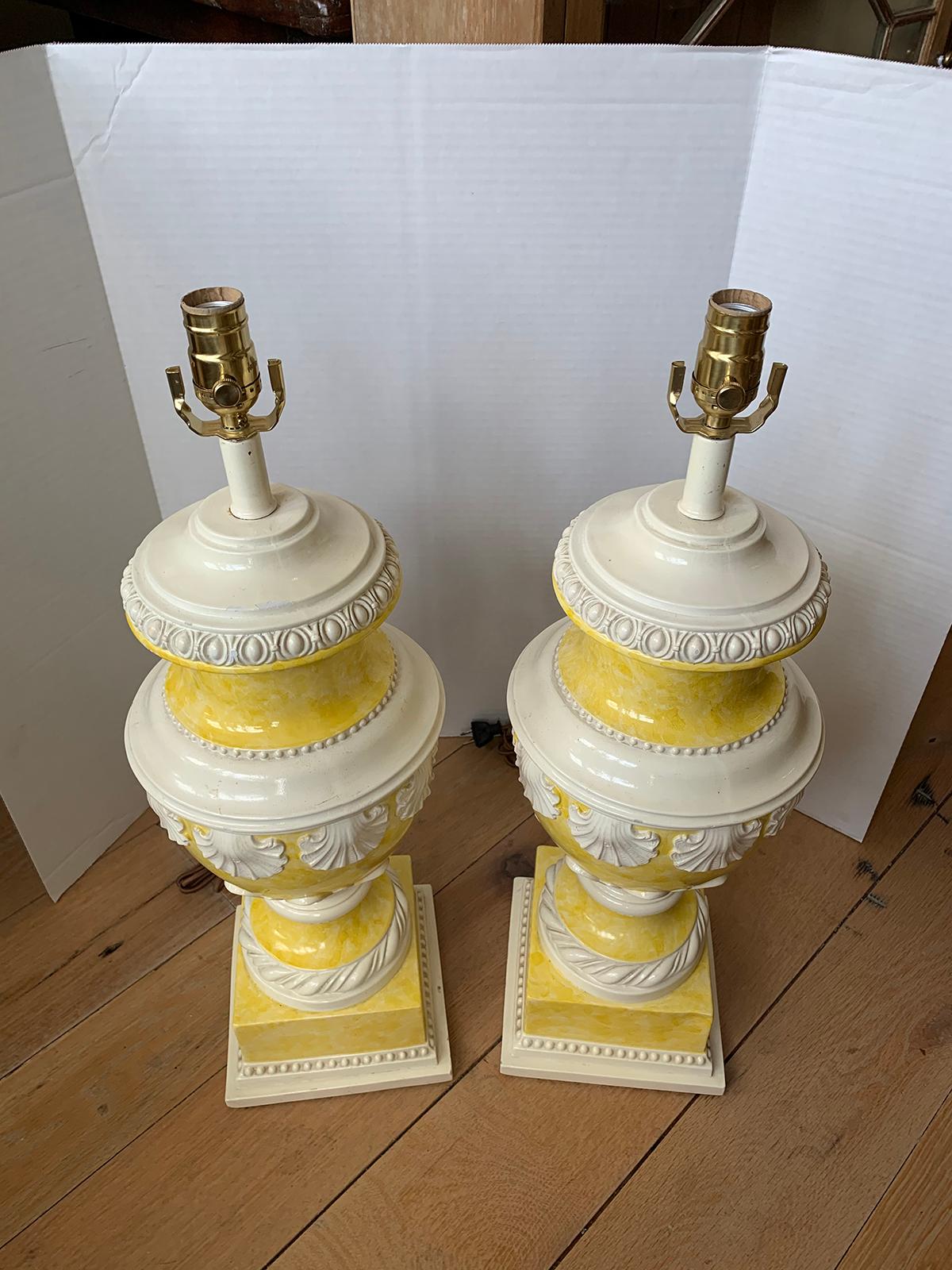 Pottery Mid-20th Century Neoclassical Yellow & White Glazed Urn Lamps, Shell Motif, Pair