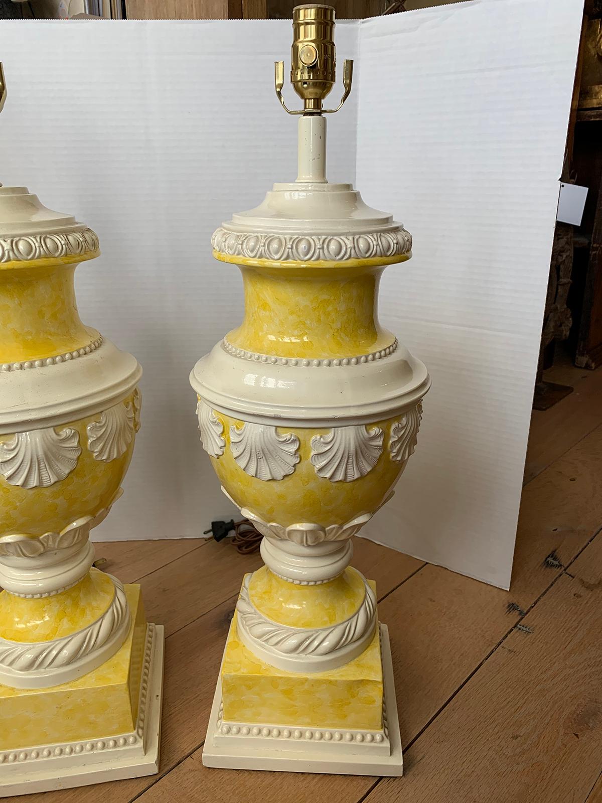 Mid-20th Century Neoclassical Yellow & White Glazed Urn Lamps, Shell Motif, Pair 1