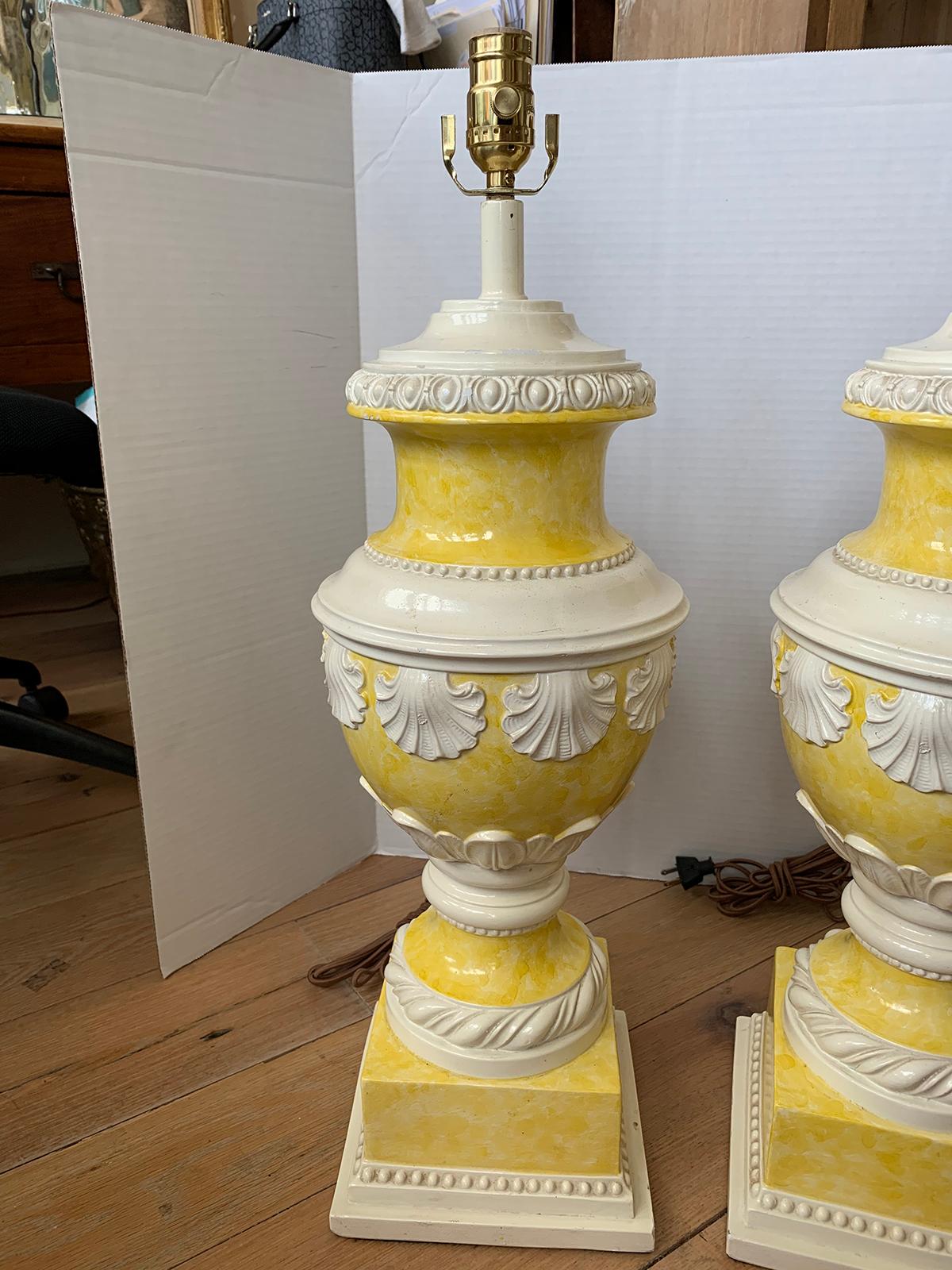 Mid-20th Century Neoclassical Yellow & White Glazed Urn Lamps, Shell Motif, Pair 2