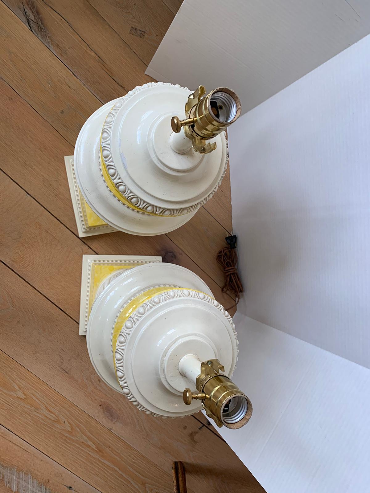 Mid-20th Century Neoclassical Yellow & White Glazed Urn Lamps, Shell Motif, Pair 3