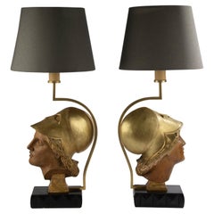 Pair Mid 20th Century Table lamps with Wood Sculpted Heads of Goddess Athena