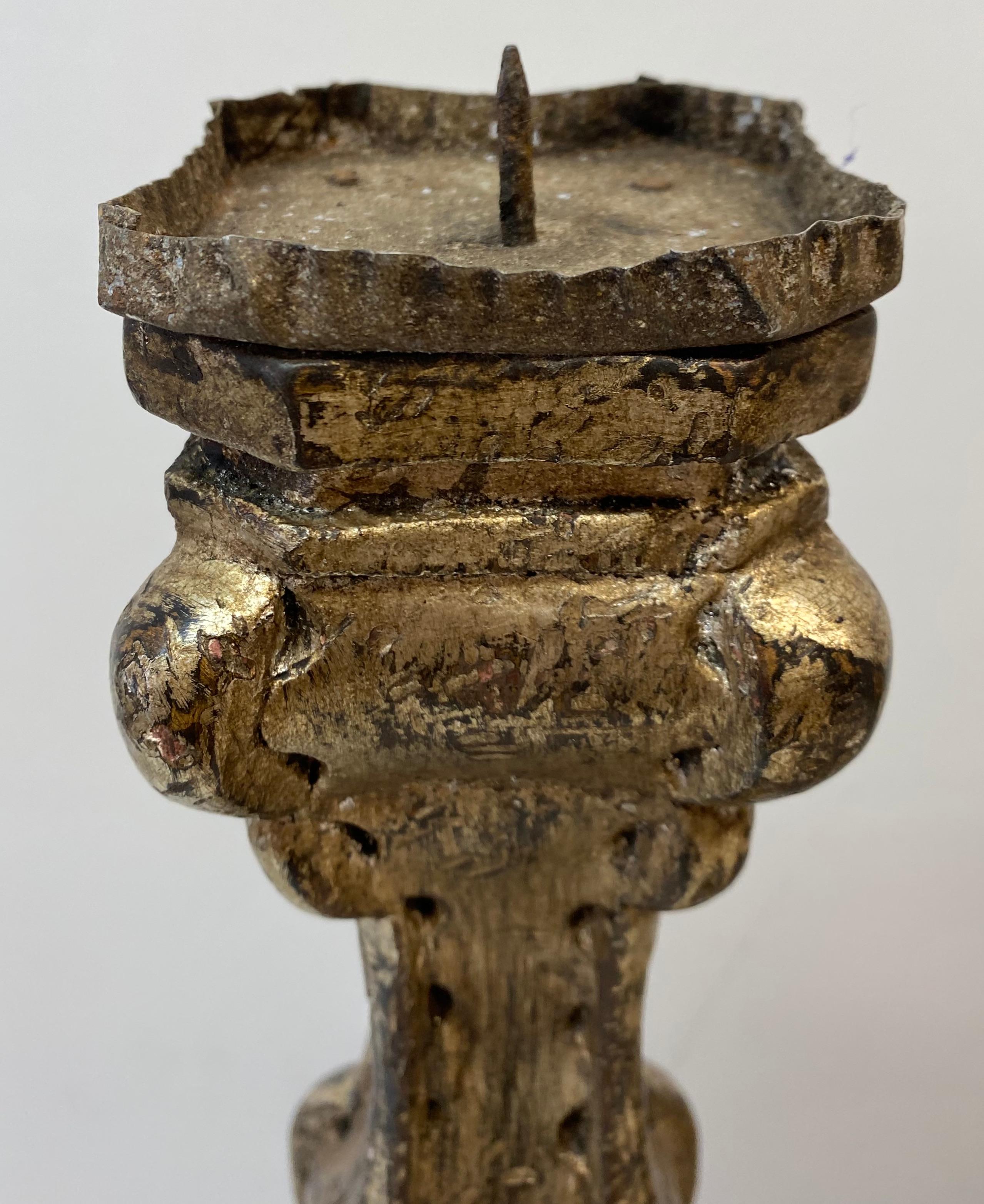 Italian Pair Mid 20th Century Venetian Style Carved Silver Tone Gilt Wood Prickets For Sale