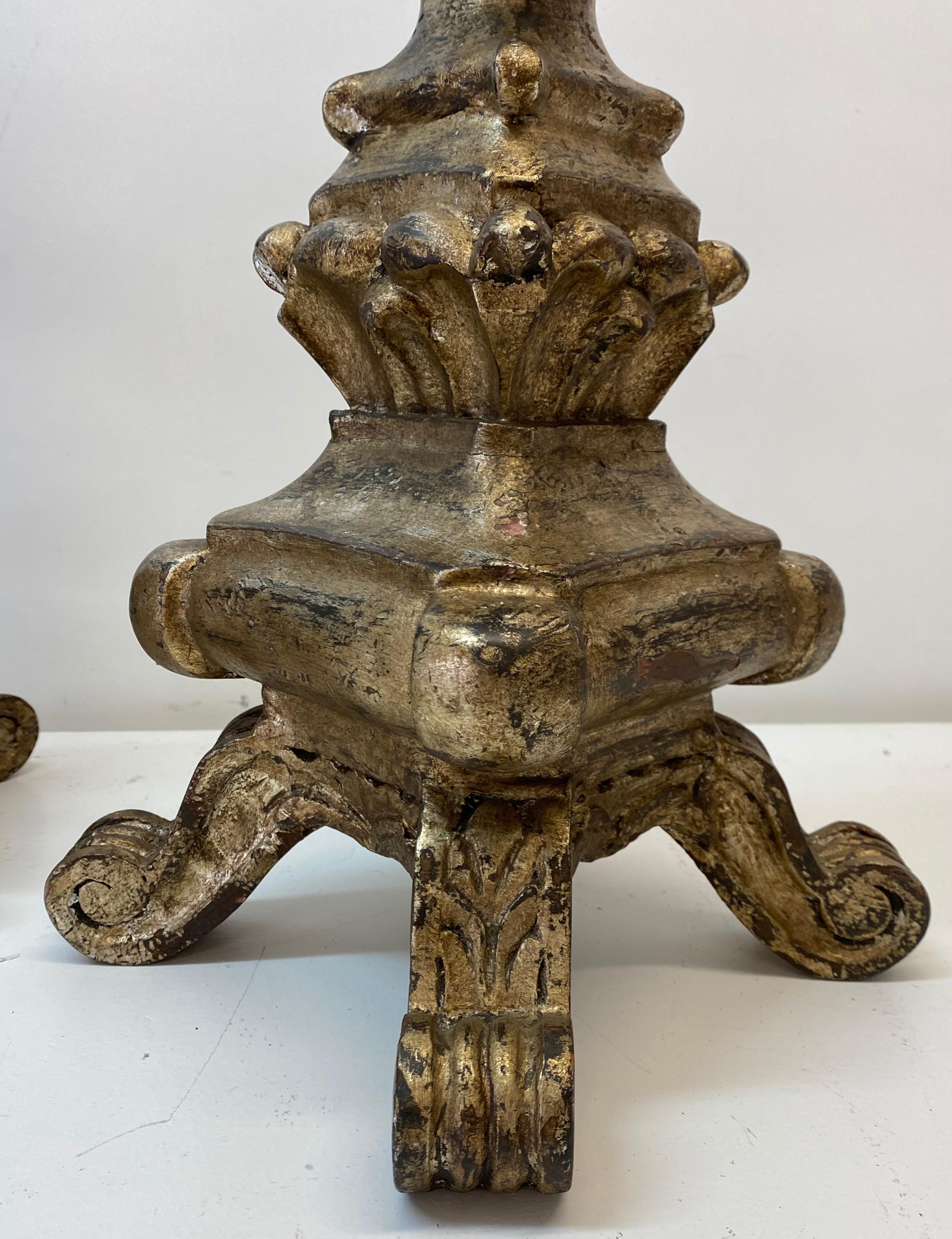 Pair Mid 20th Century Venetian Style Carved Silver Tone Gilt Wood Prickets In Good Condition For Sale In San Francisco, CA