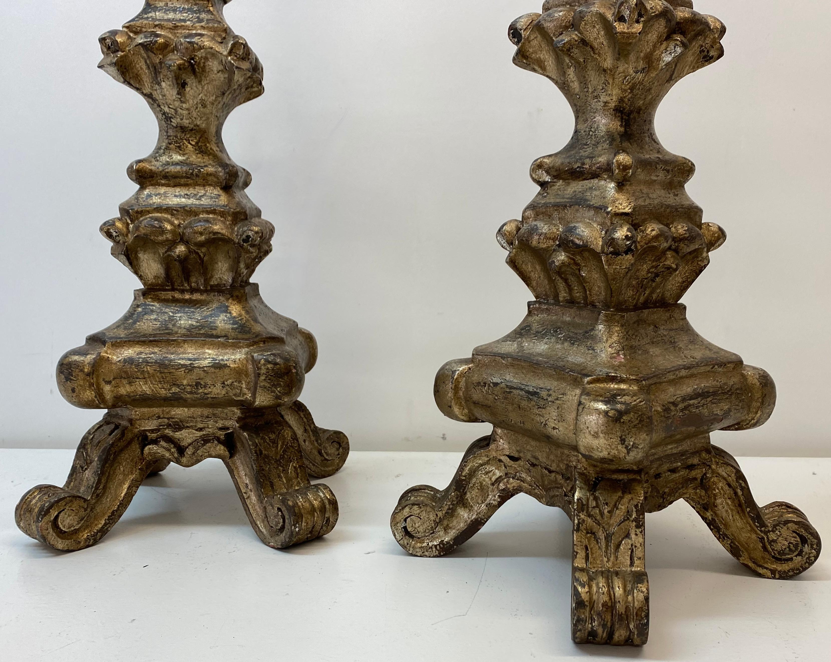 Pair Mid 20th Century Venetian Style Carved Silver Tone Gilt Wood Prickets For Sale 1