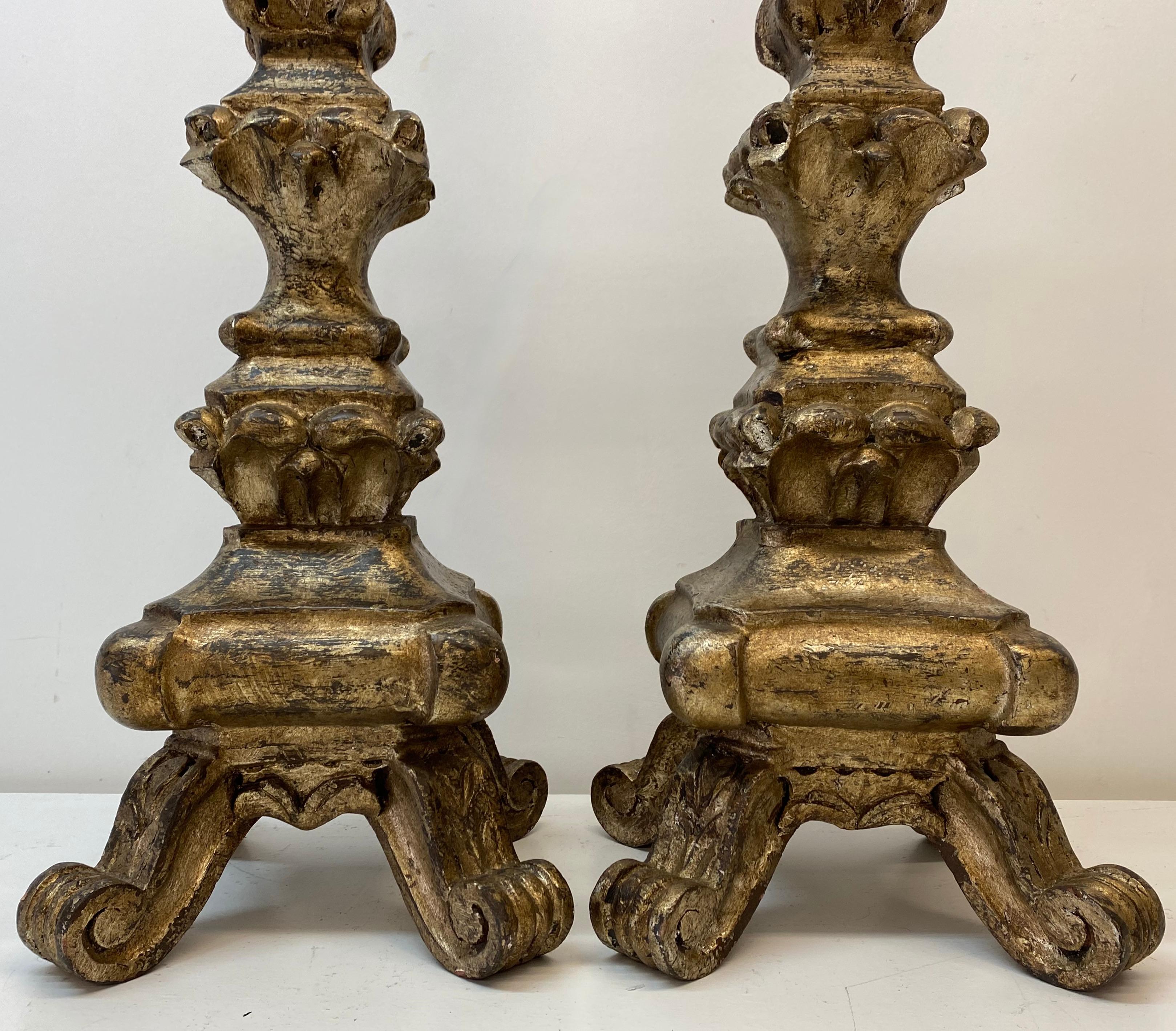 Pair Mid 20th Century Venetian Style Carved Silver Tone Gilt Wood Prickets For Sale 2