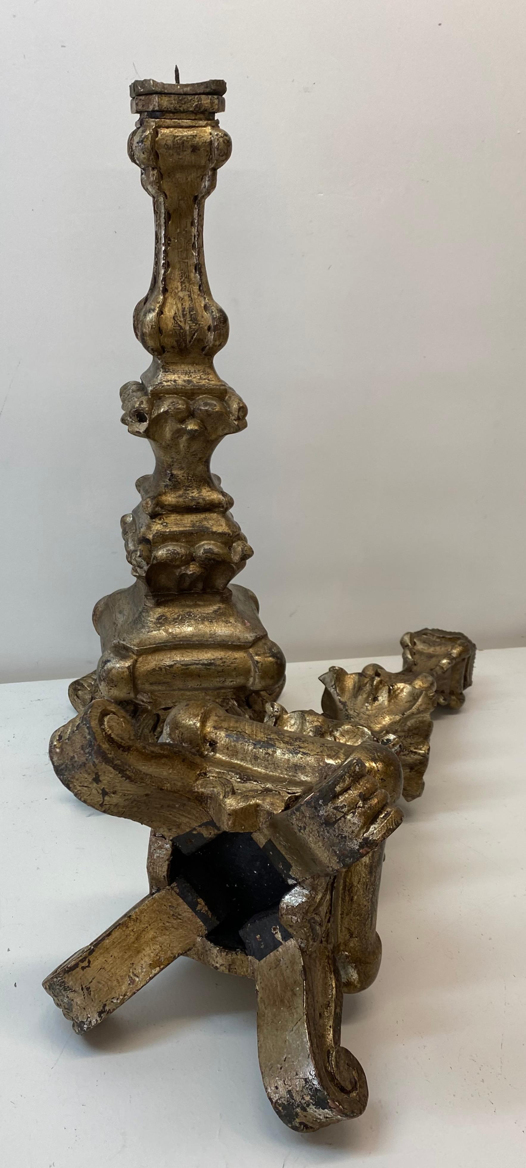 Pair Mid 20th Century Venetian Style Carved Silver Tone Gilt Wood Prickets For Sale 4