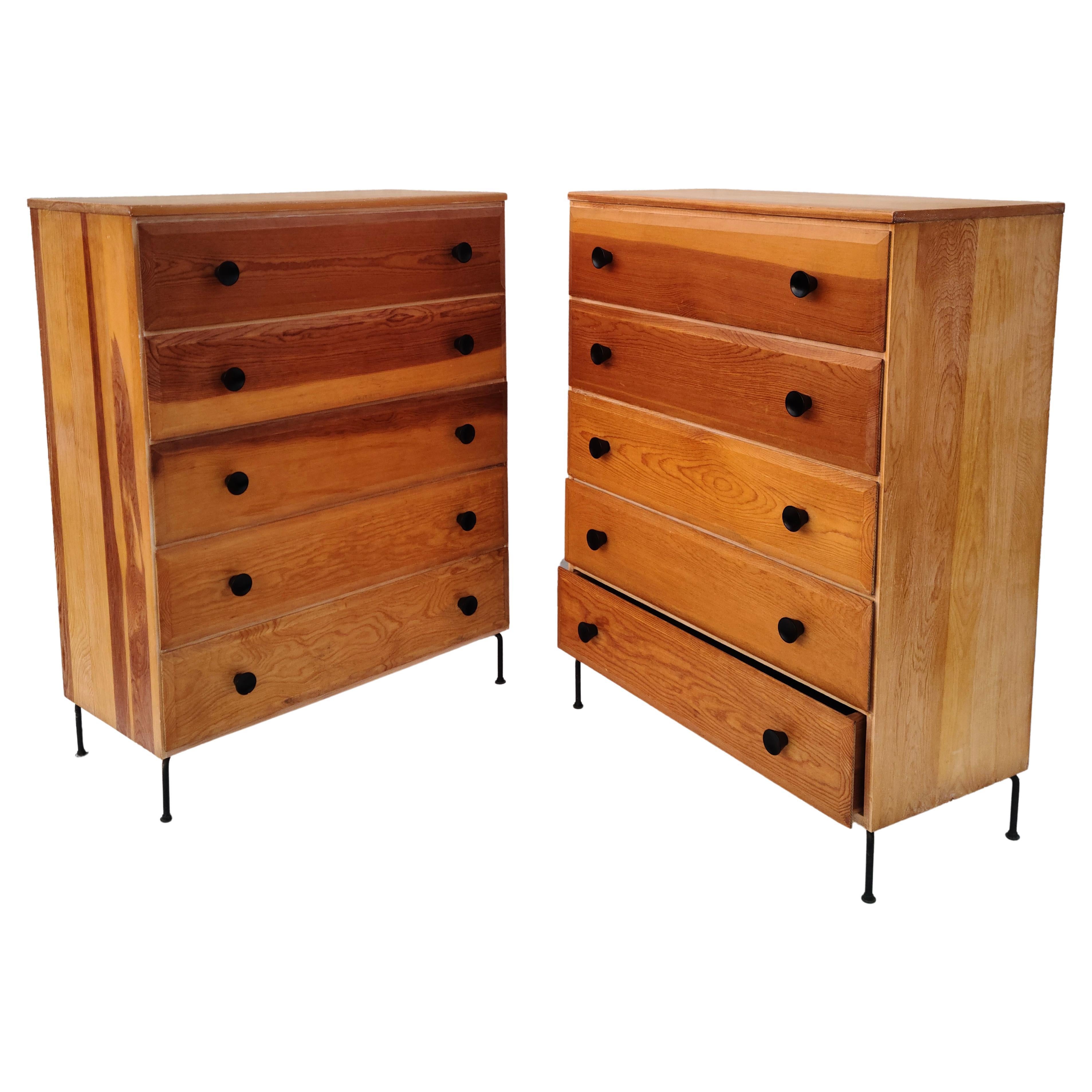 Pair Mid Century 5 Drawer Chests Fir Wood Cool Iron Wire Legs For Sale 4