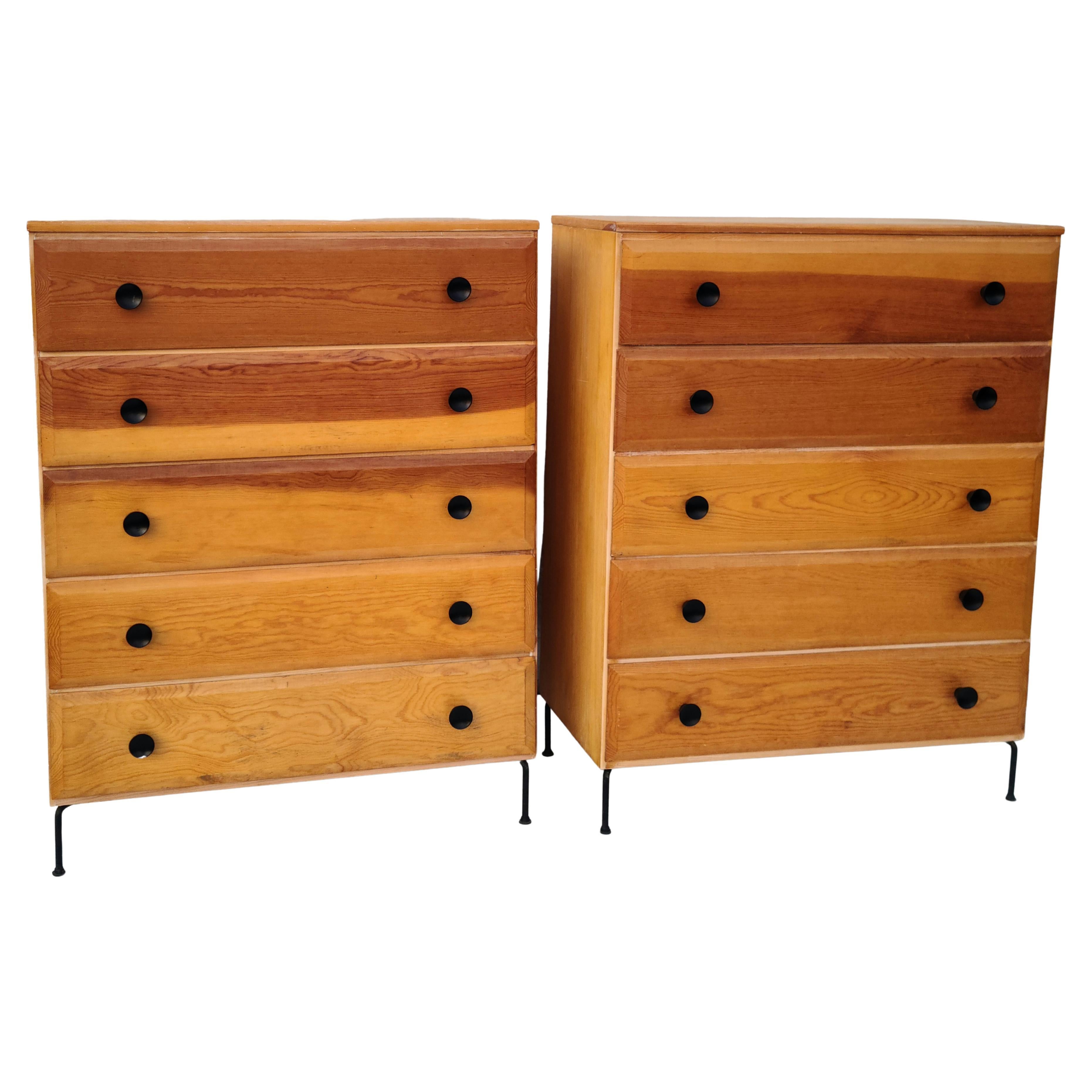Pair Mid Century 5 Drawer Chests Fir Wood Cool Iron Wire Legs For Sale 5