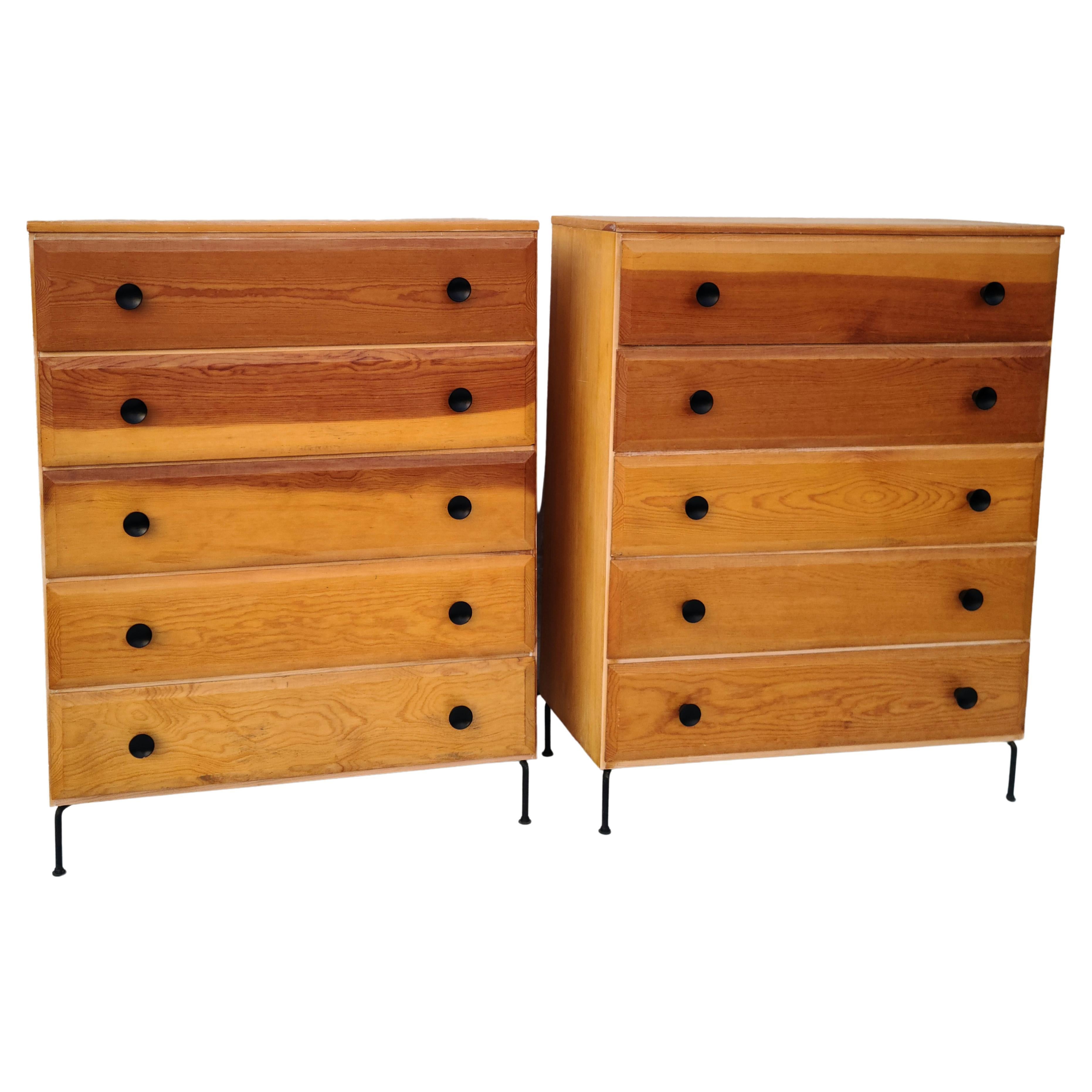Pair Mid Century 5 Drawer Chests Fir Wood Cool Iron Wire Legs For Sale 5