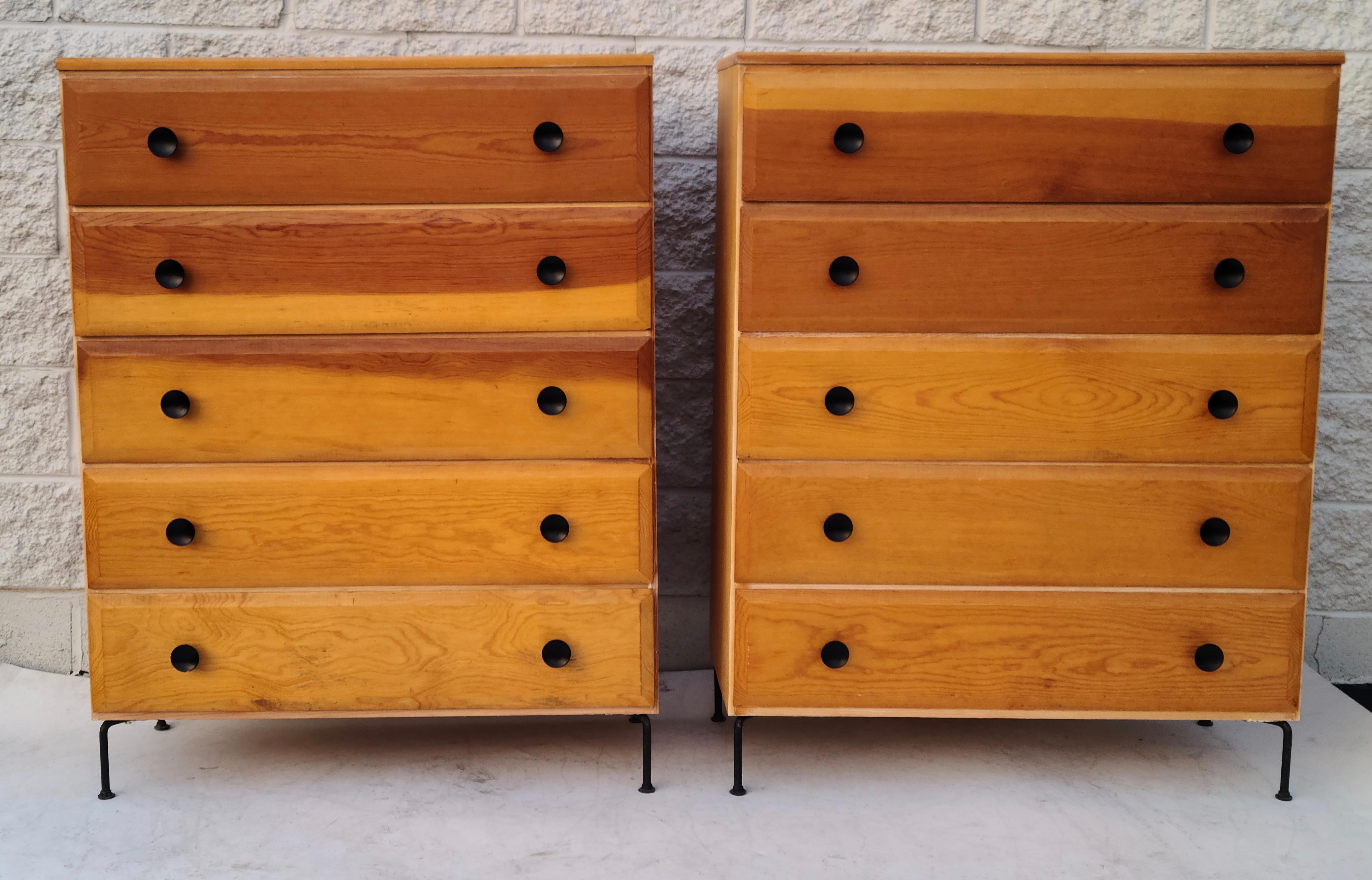 Pair Mid Century 5 Drawer Chests Fir Wood Cool Iron Wire Legs For Sale 6