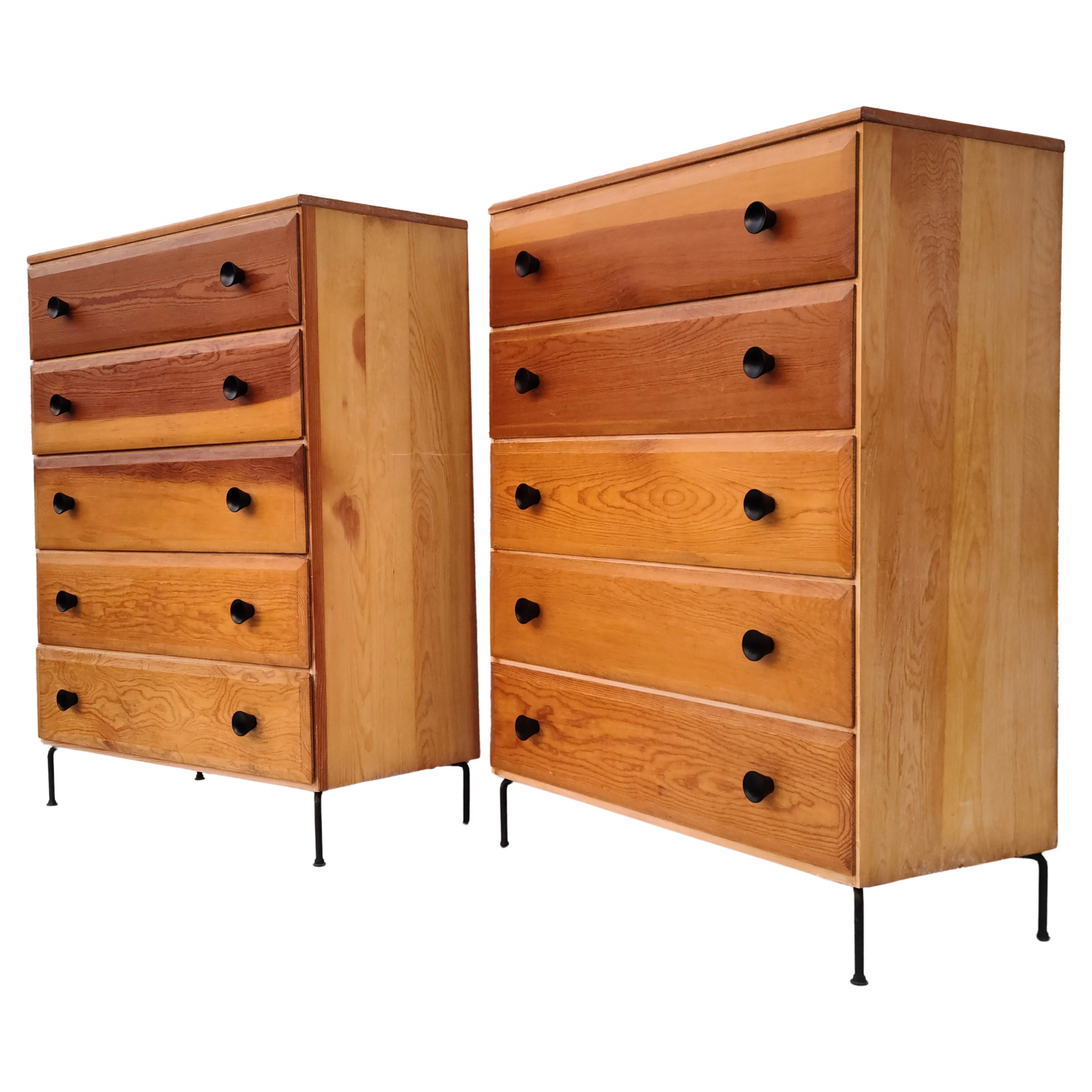 Adirondack Pair Mid Century 5 Drawer Chests Fir Wood Cool Iron Wire Legs For Sale