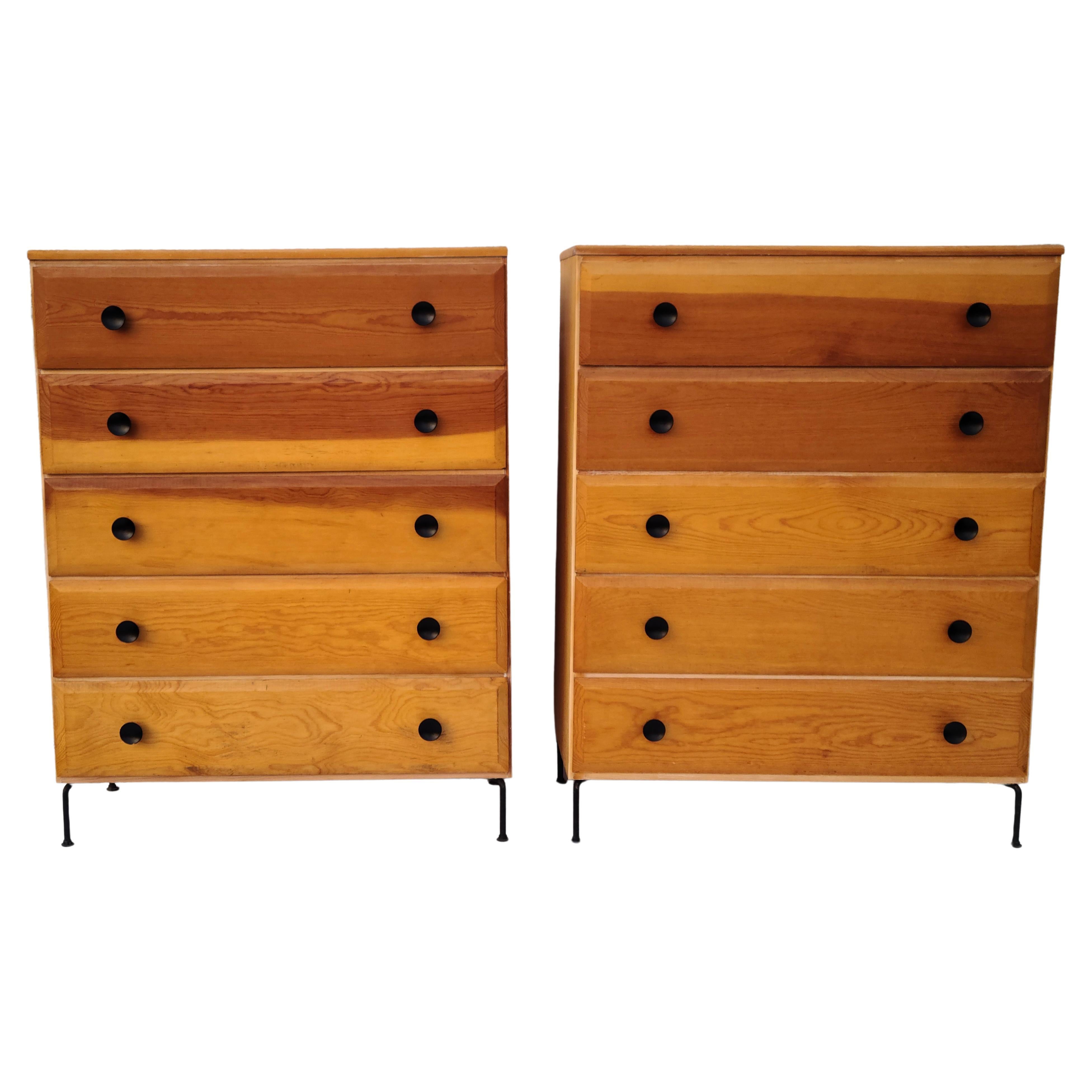 Please feel free to reach out for accurate shipping to your location.

Pair Mid Century Modern Five Drawer Chests.
Fir Wood Construction on Iron Wire Legs.
Made by Aristo Bilt.
Minimally invasive restoration with a goal of leaving a light original
