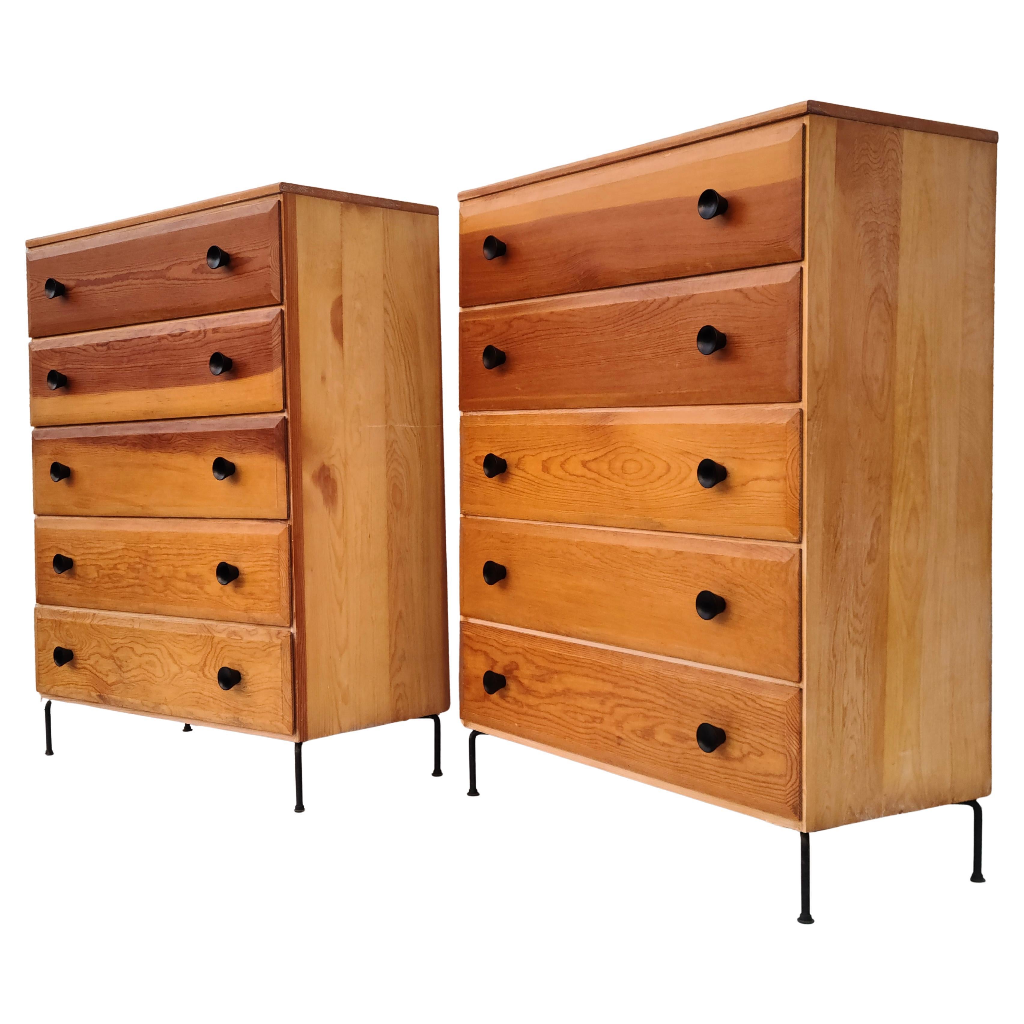 Please feel free to reach out for efficient shipping quote to your location.

Pair Mid Century Modern Five Drawer Chests.
Fir Wood Construction on Iron Wire Legs.
Made by Aristo Bilt.
Minimally invasive restoration with a goal of leaving a light