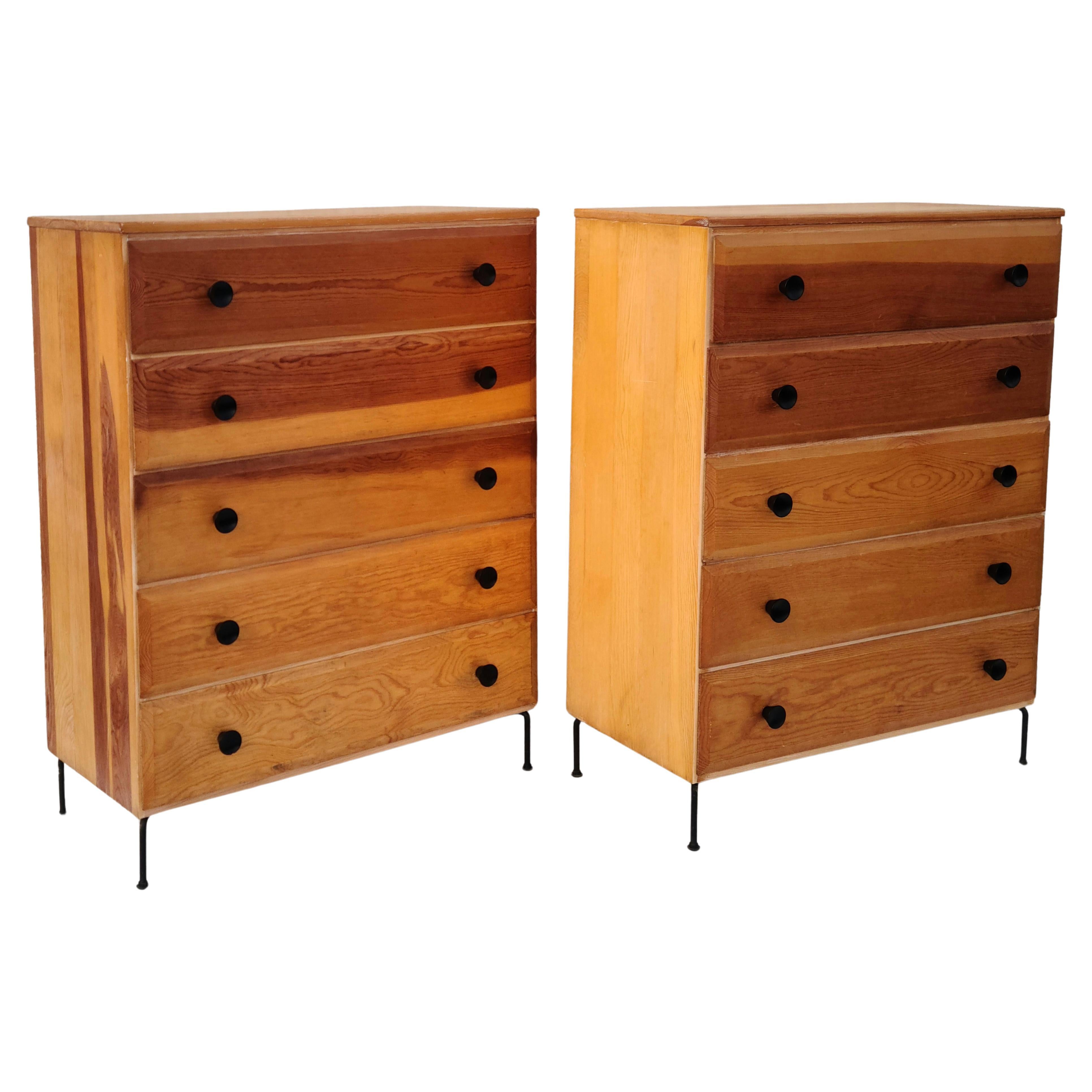 Pair Mid Century 5 Drawer Chests Fir Wood Cool Iron Wire Legs In Good Condition For Sale In Fraser, MI