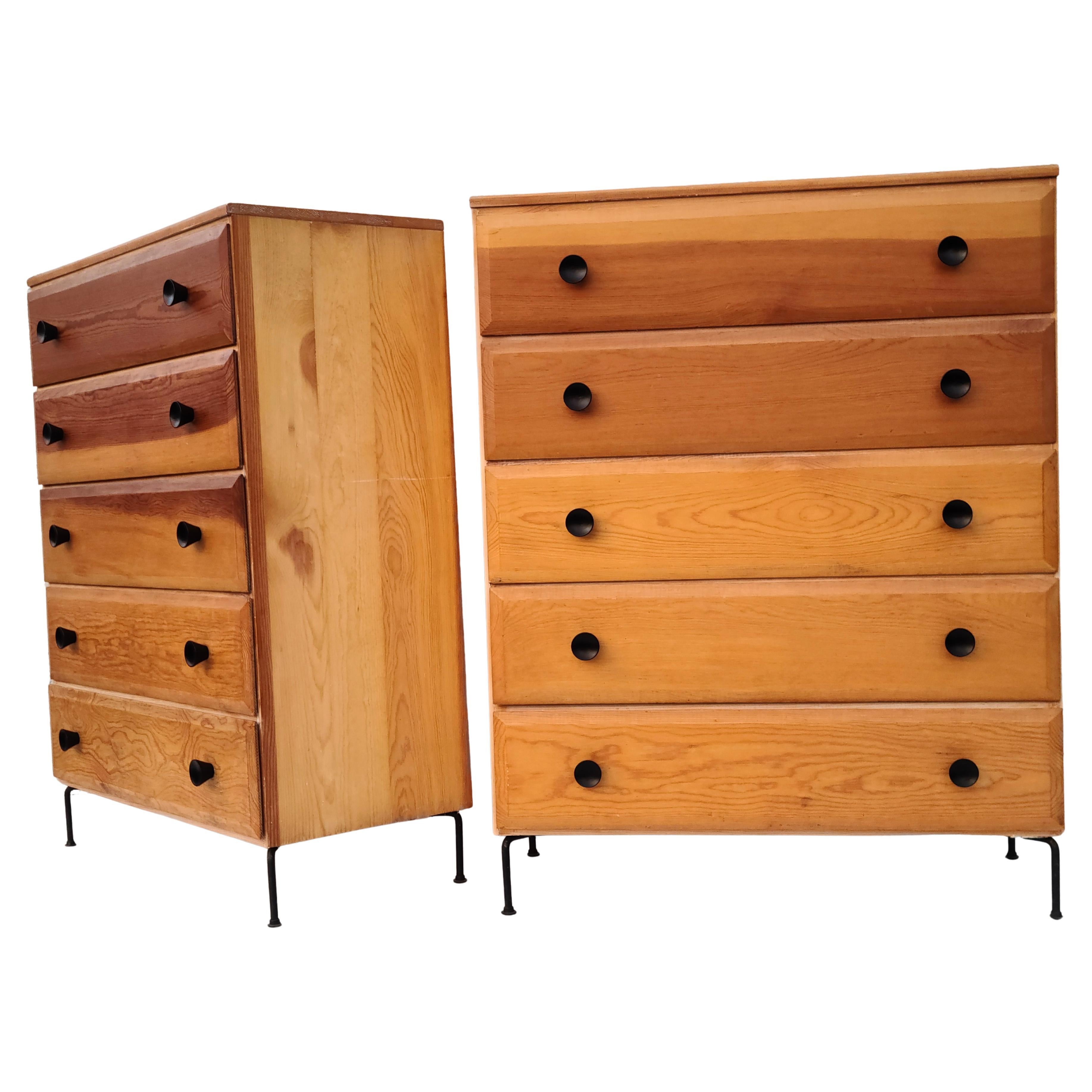 Pair Mid Century 5 Drawer Chests Fir Wood Cool Iron Wire Legs In Good Condition For Sale In Fraser, MI