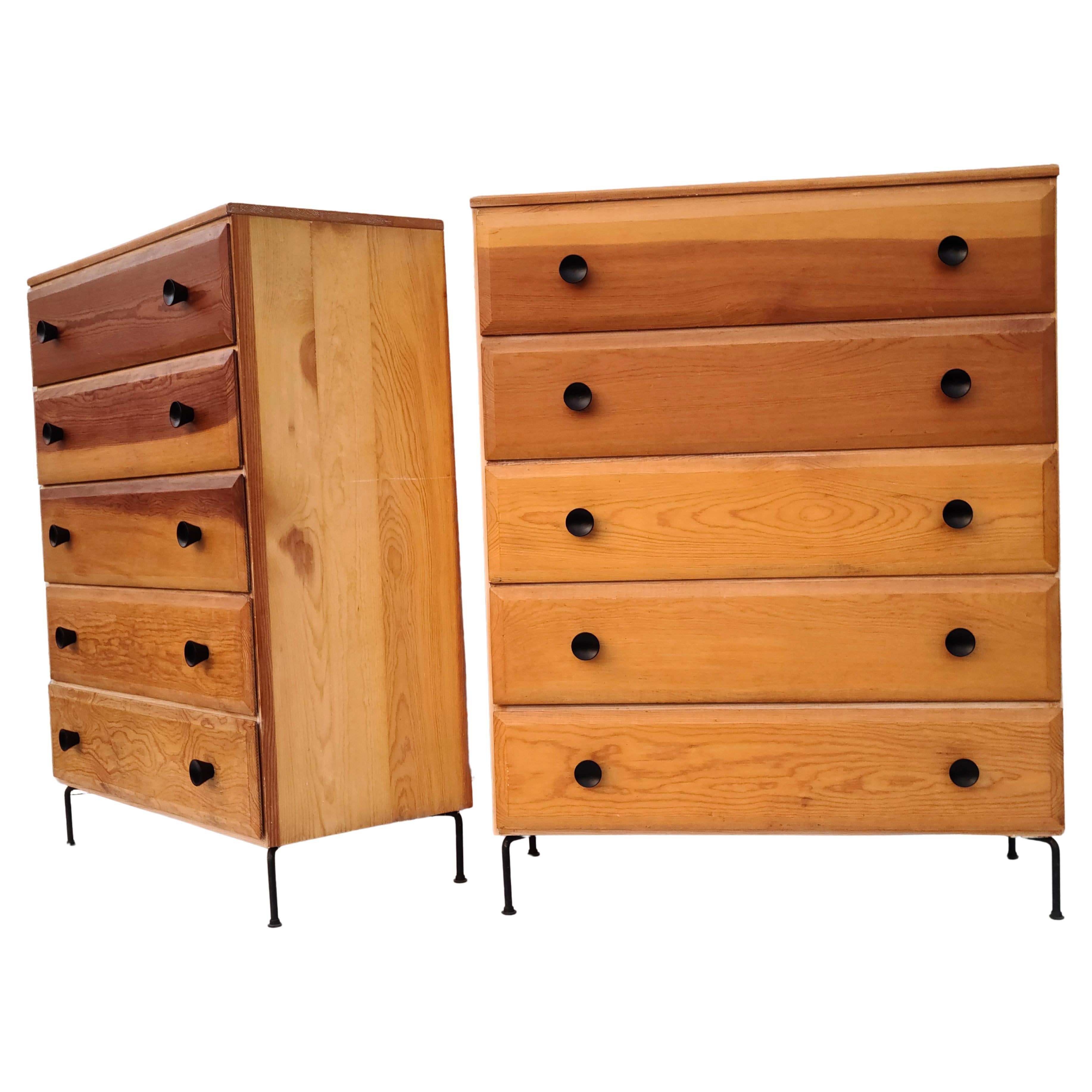 Mid-20th Century Pair Mid Century 5 Drawer Chests Fir Wood Cool Iron Wire Legs For Sale