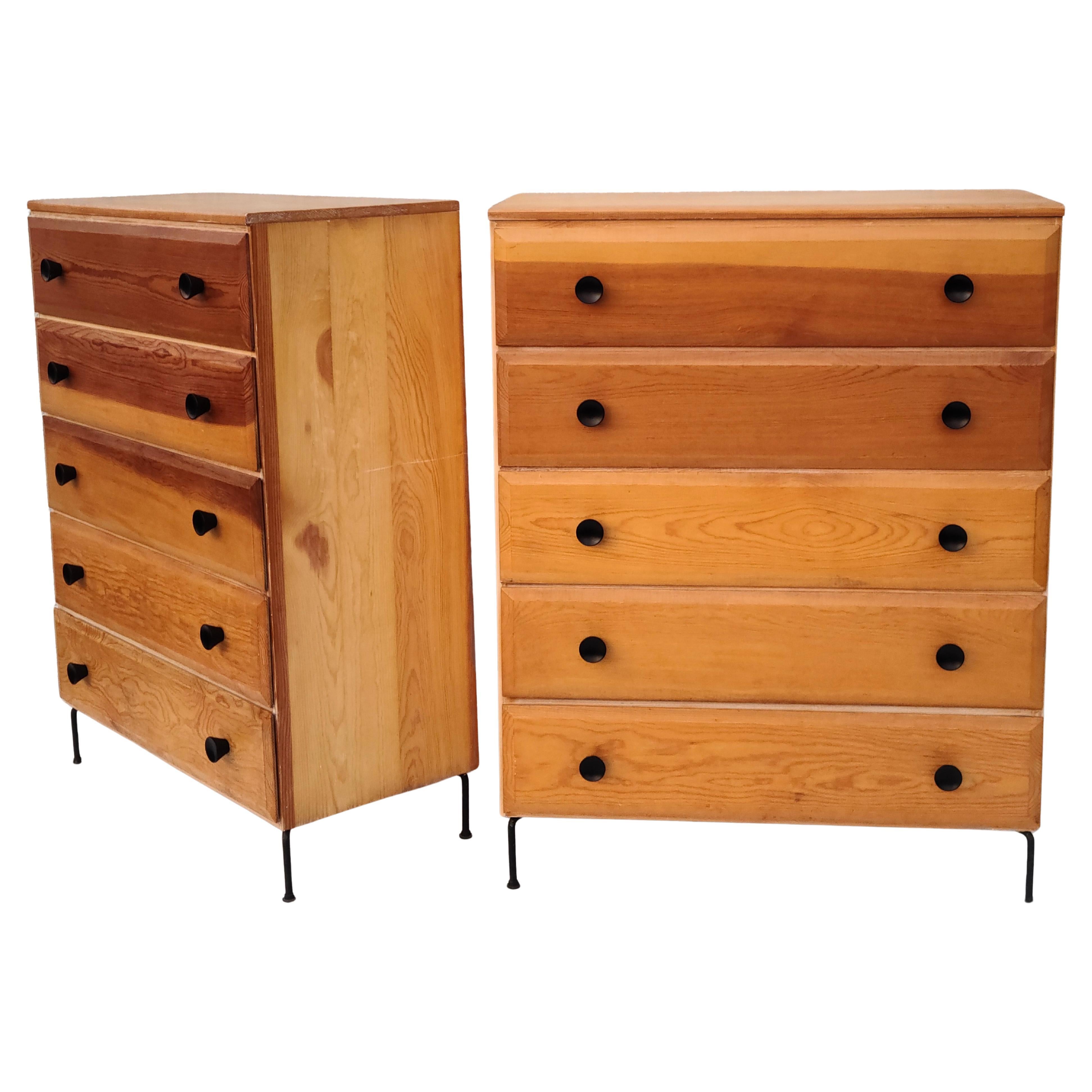 Mid-20th Century Pair Mid Century 5 Drawer Chests Fir Wood Cool Iron Wire Legs For Sale