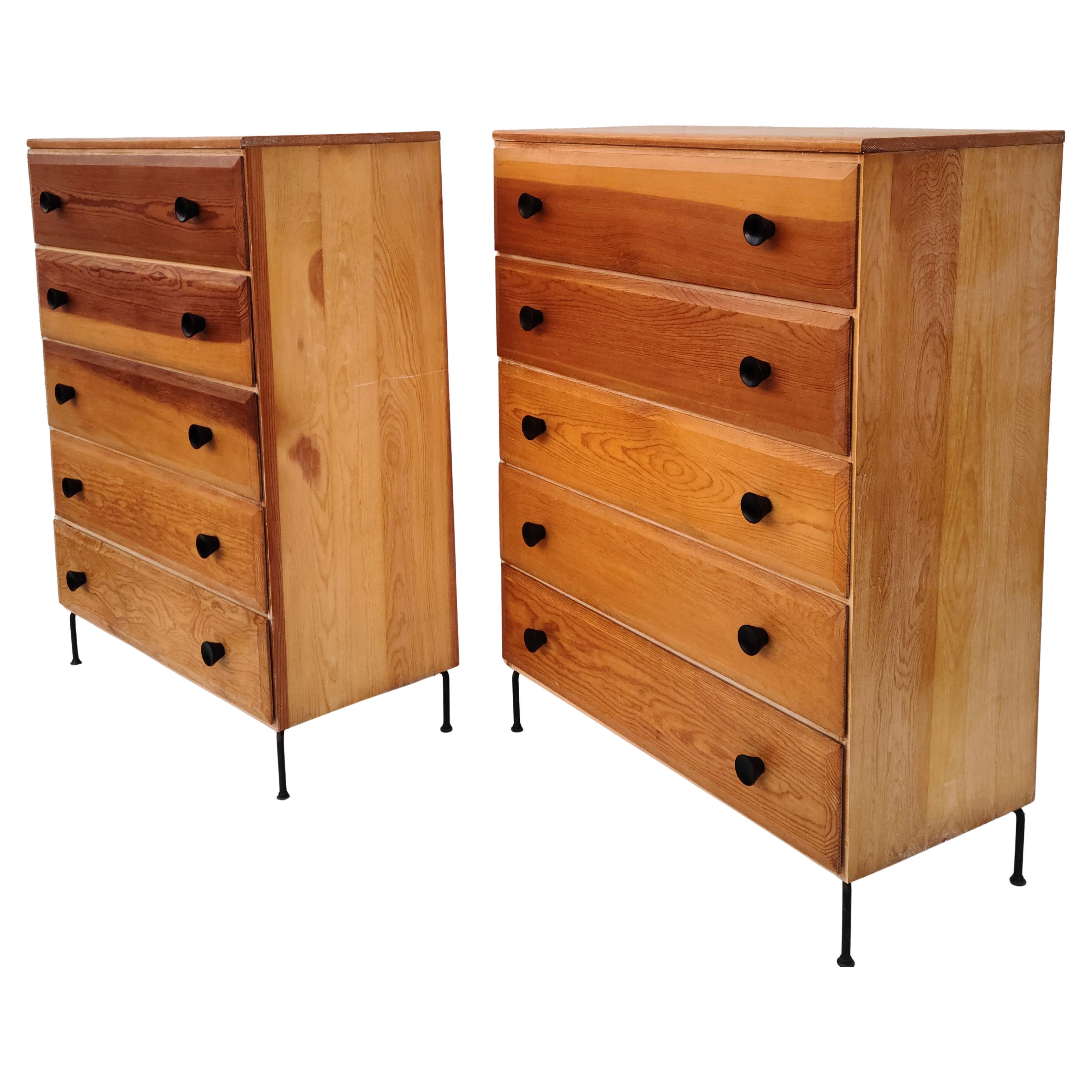 Wrought Iron Pair Mid Century 5 Drawer Chests Fir Wood Cool Iron Wire Legs For Sale