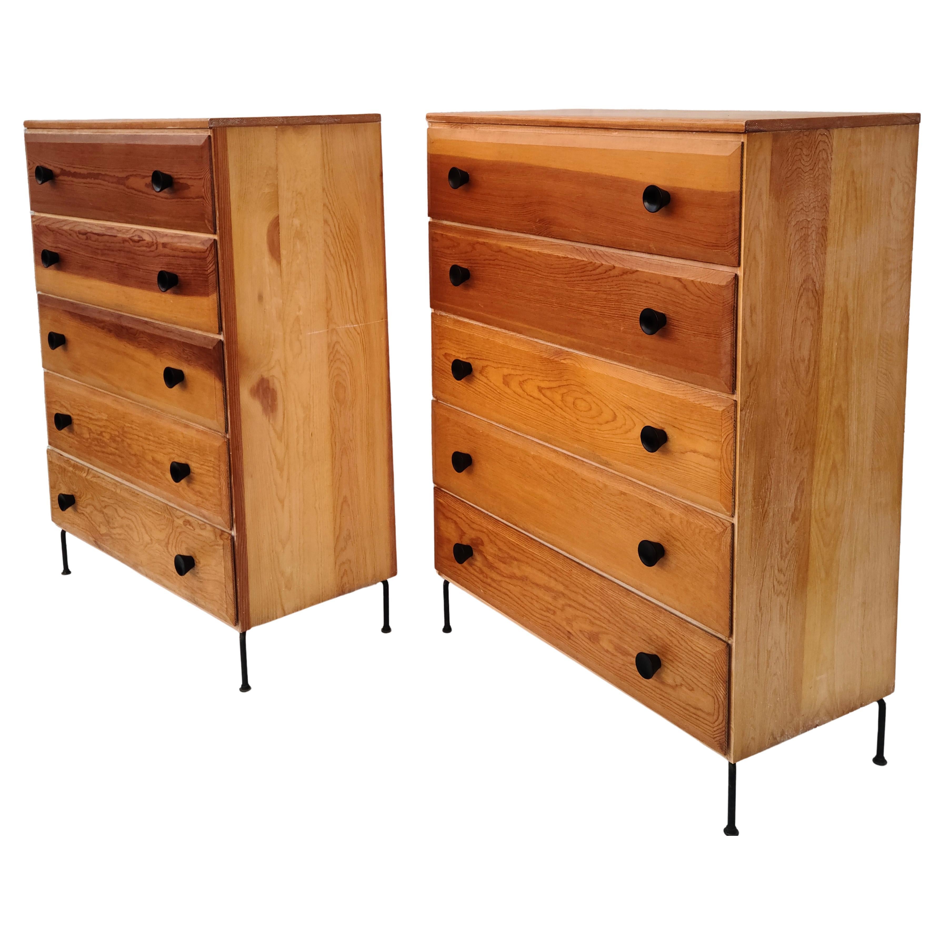 Pair Mid Century 5 Drawer Chests Fir Wood Cool Iron Wire Legs For Sale 1