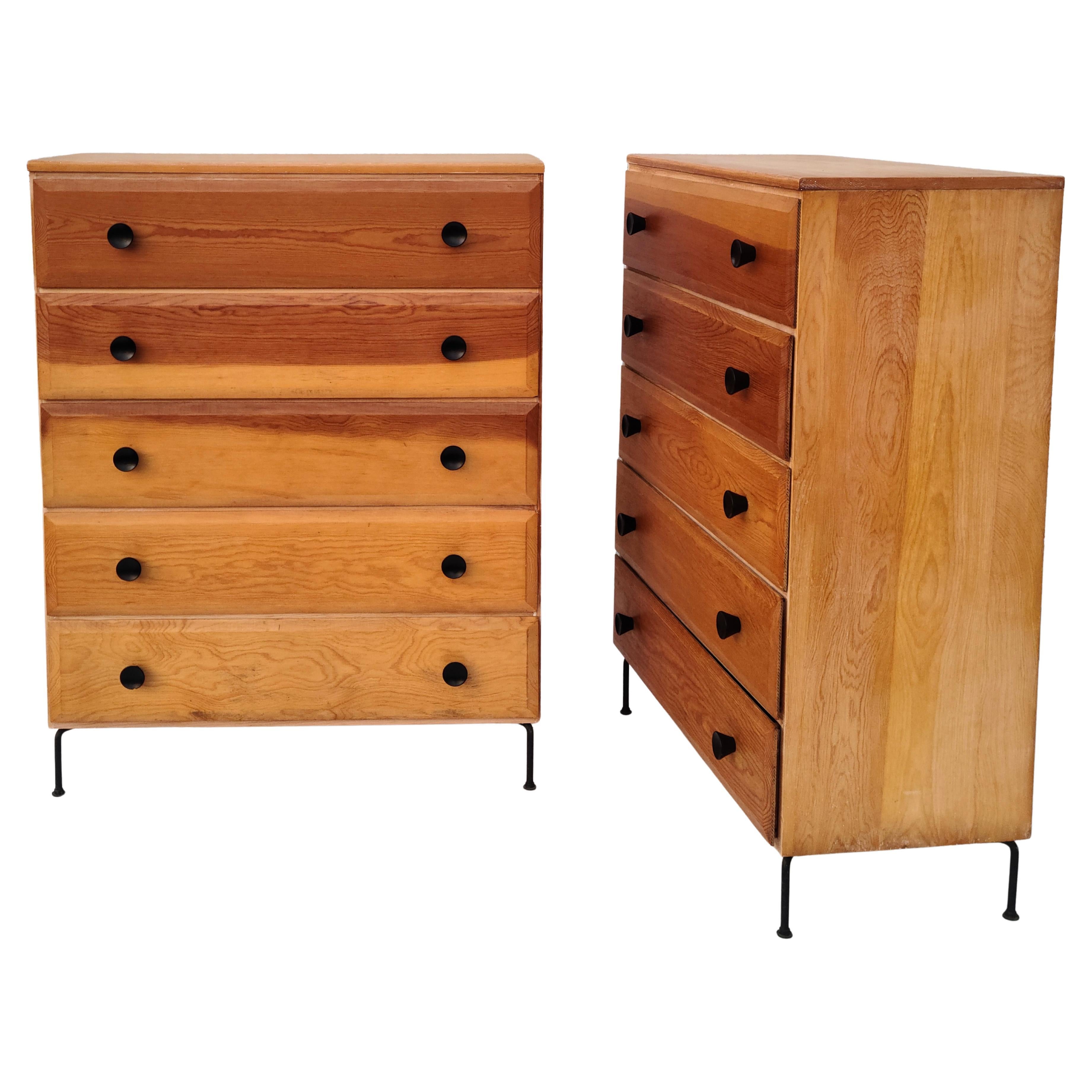 Pair Mid Century 5 Drawer Chests Fir Wood Cool Iron Wire Legs For Sale 1