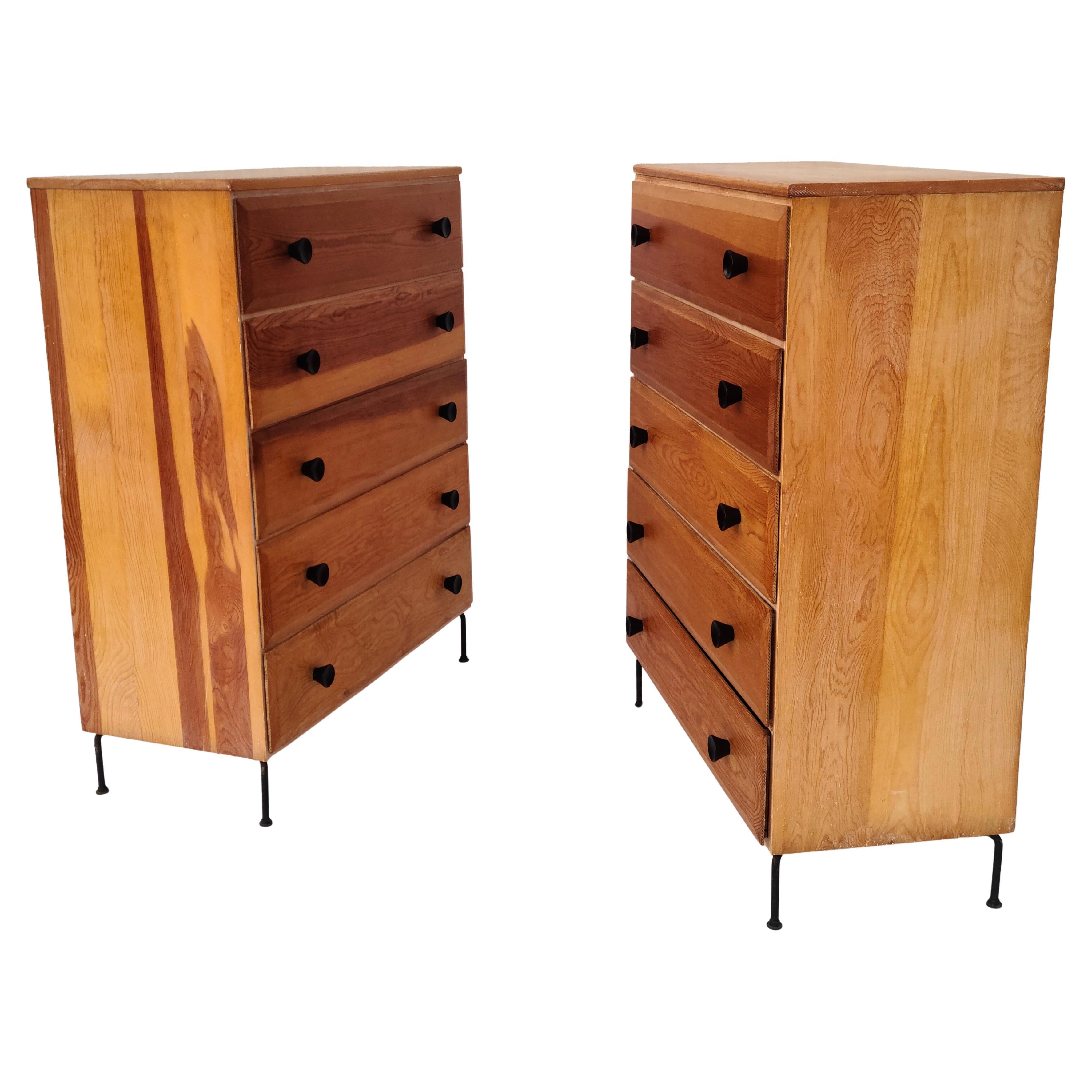 Pair Mid Century 5 Drawer Chests Fir Wood Cool Iron Wire Legs For Sale 2