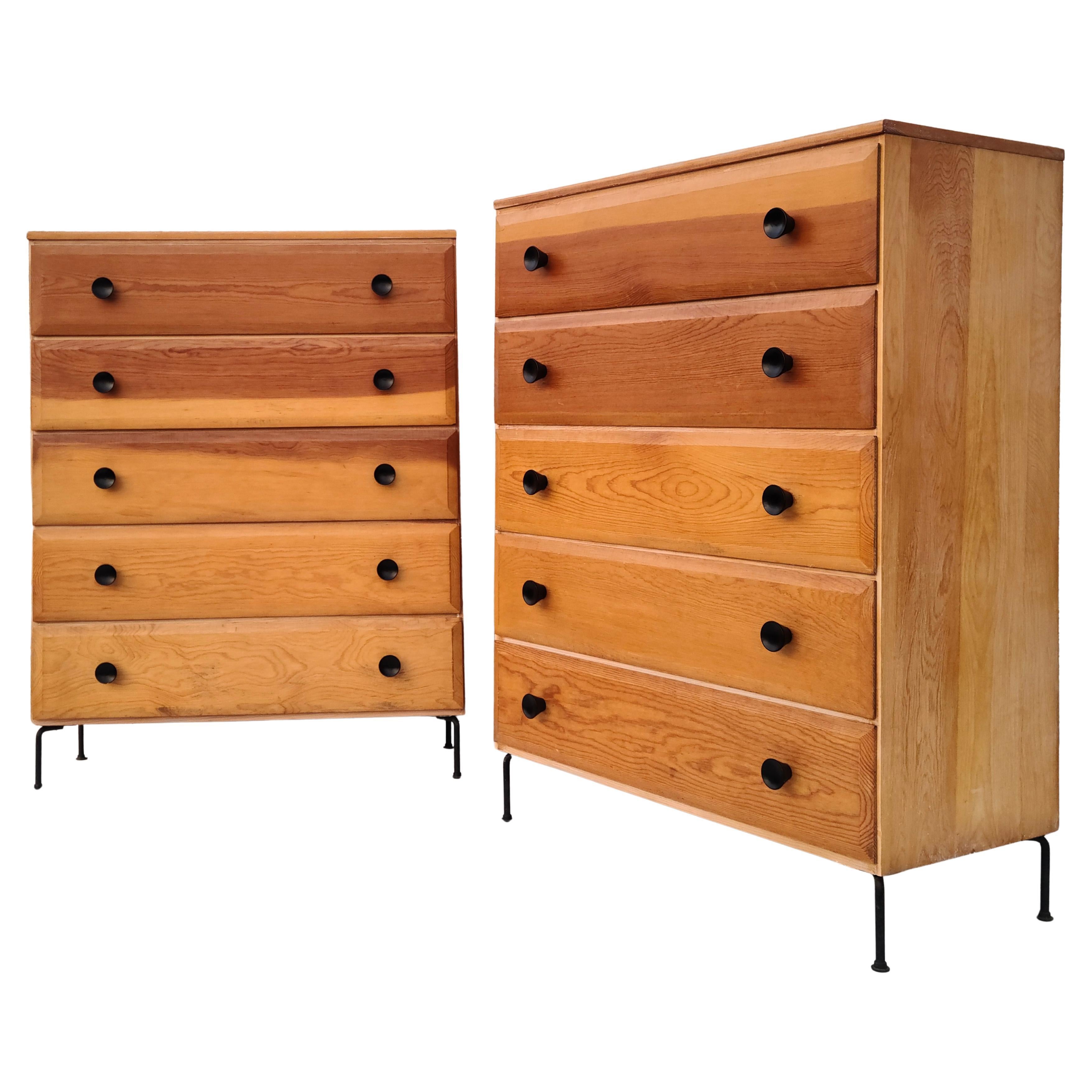 Pair Mid Century 5 Drawer Chests Fir Wood Cool Iron Wire Legs For Sale
