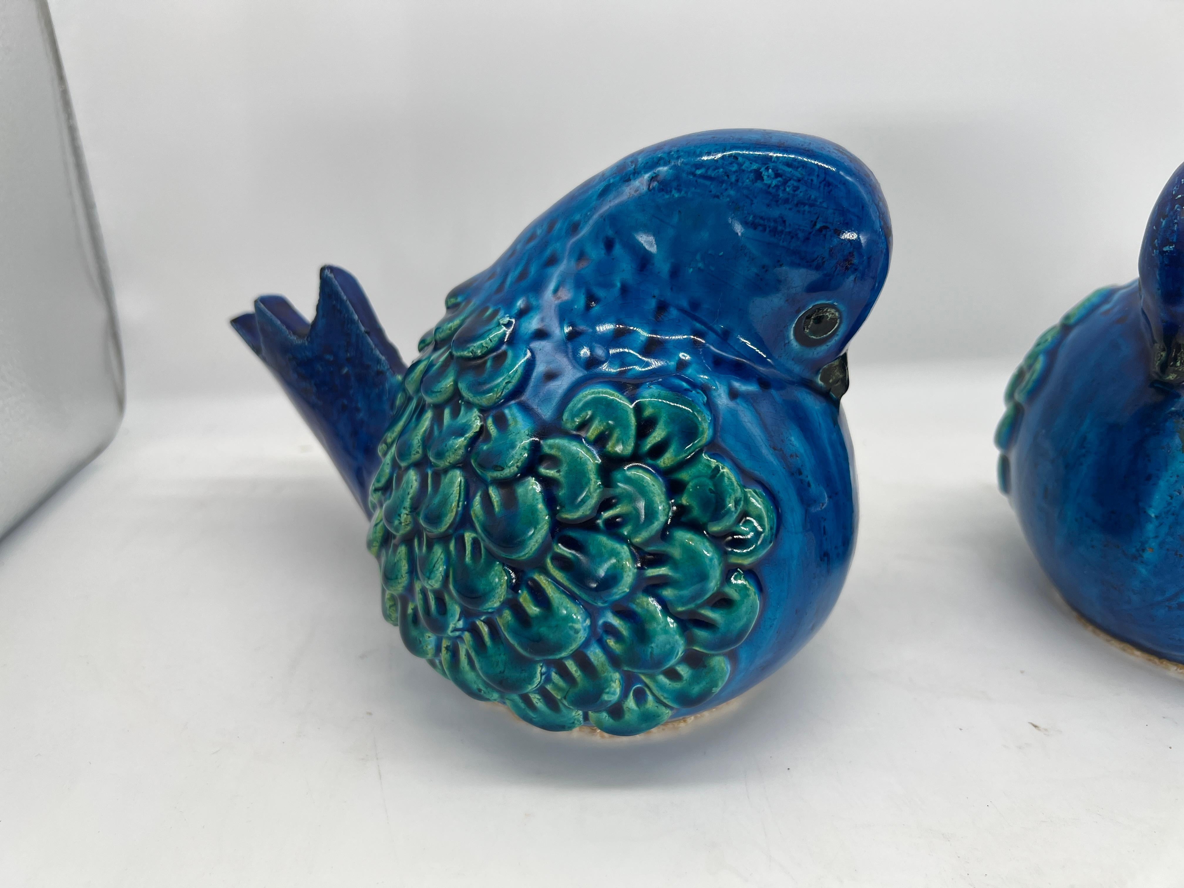 Mid-Century Modern Pair, Mid Century Aldo Londi For Bitossi Ceramic Reminin Blue Bird Sculptures