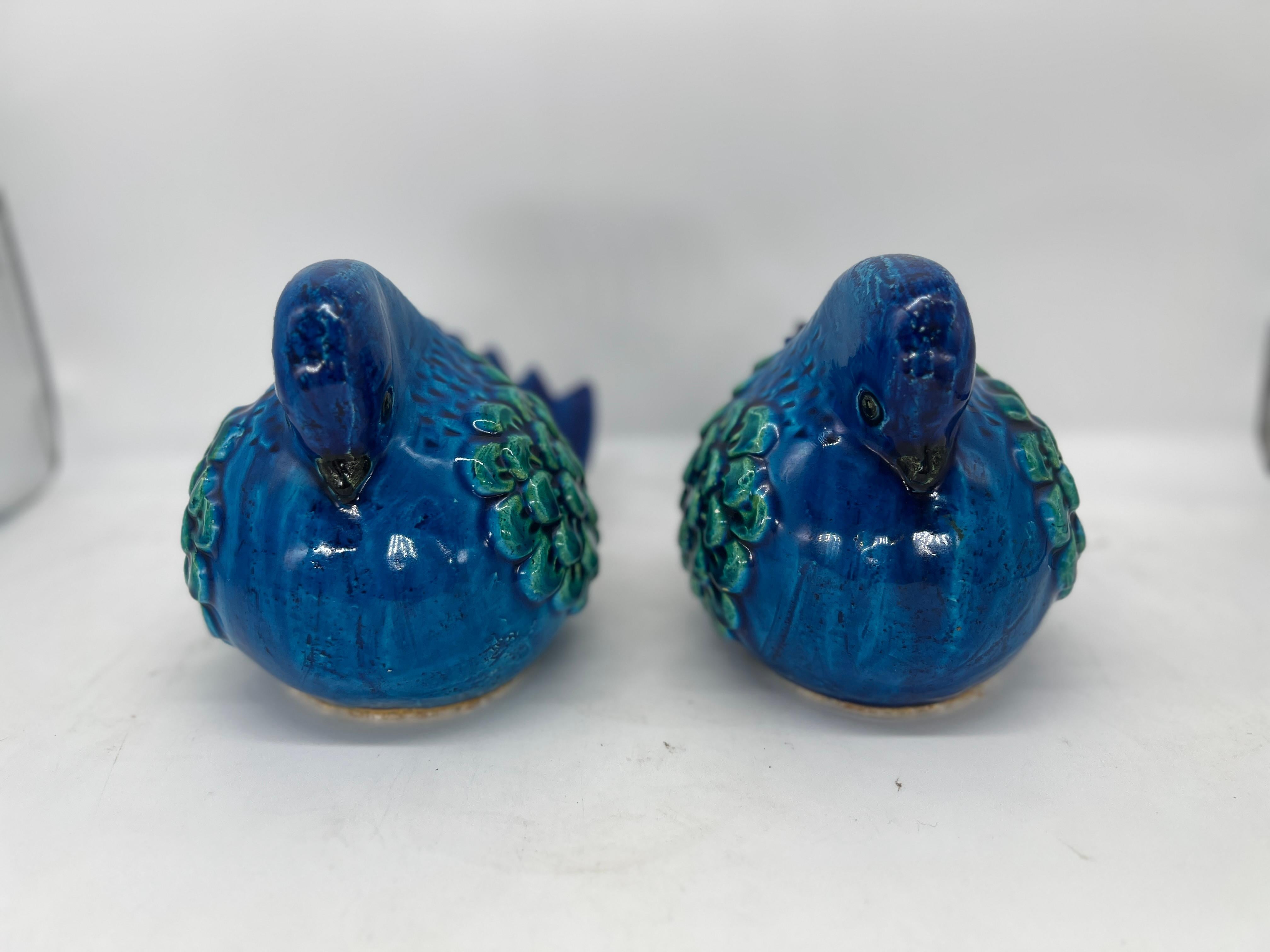 Italian Pair, Mid Century Aldo Londi For Bitossi Ceramic Reminin Blue Bird Sculptures