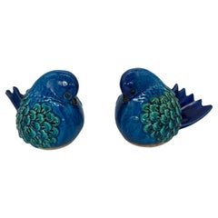 Pair, Mid Century Aldo Londi For Bitossi Ceramic Reminin Blue Bird Sculptures